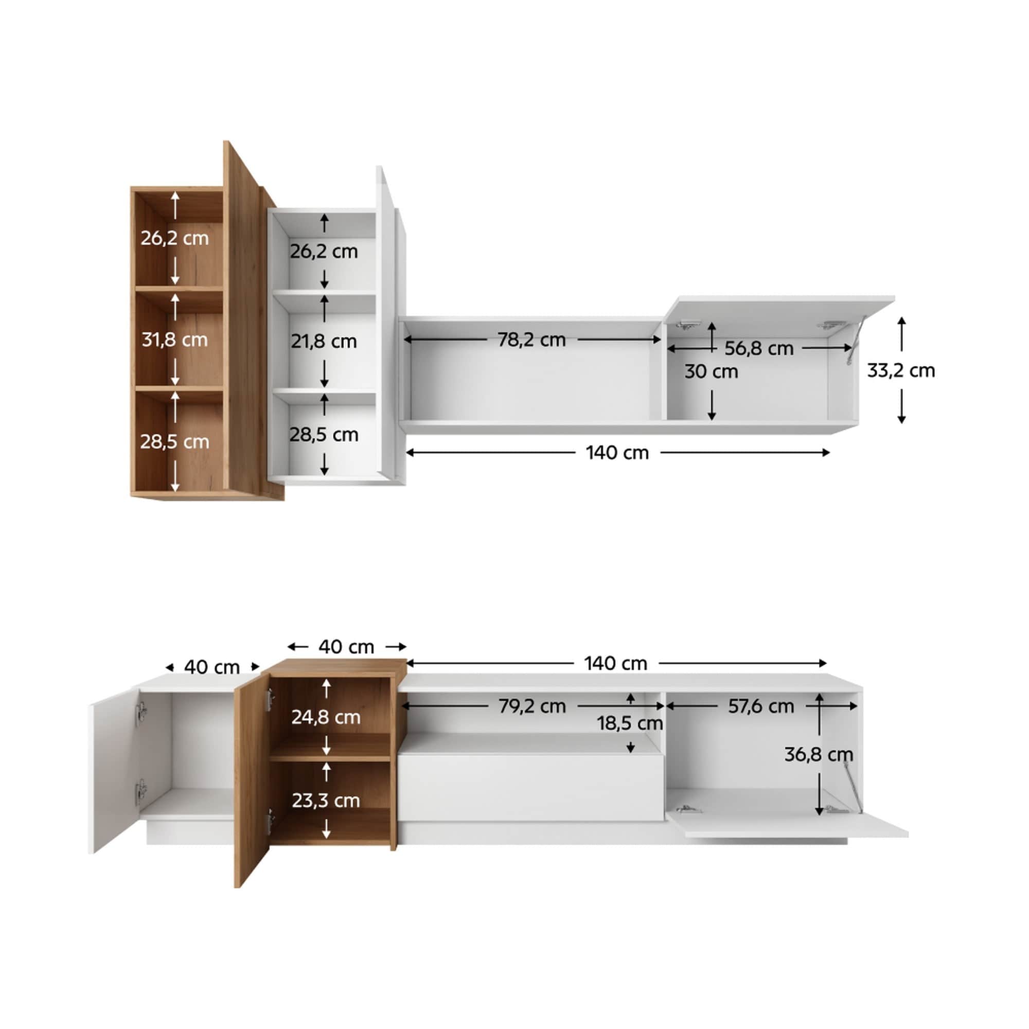 Mobilier living TRIO, alb/stejar auriu, PAL laminat, 4 piese, 220x45x180 cm