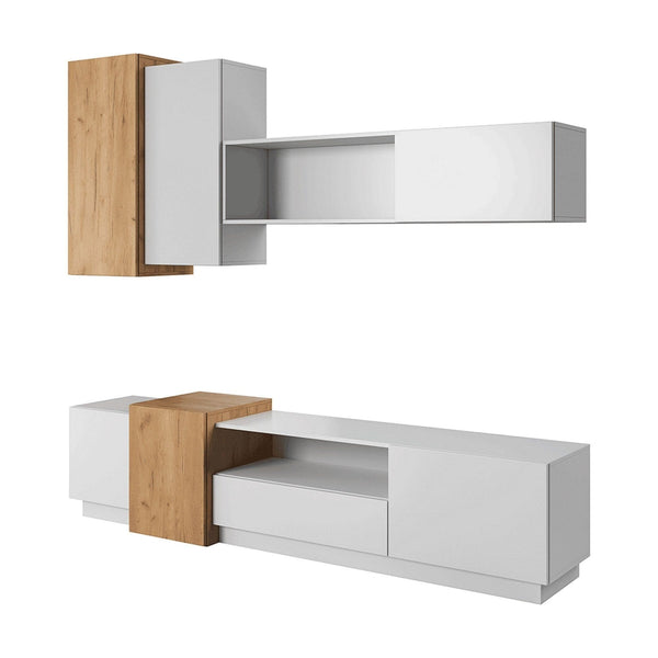 Mobilier living TRIO, alb/stejar auriu, PAL laminat, 4 piese, 220x45x180 cm