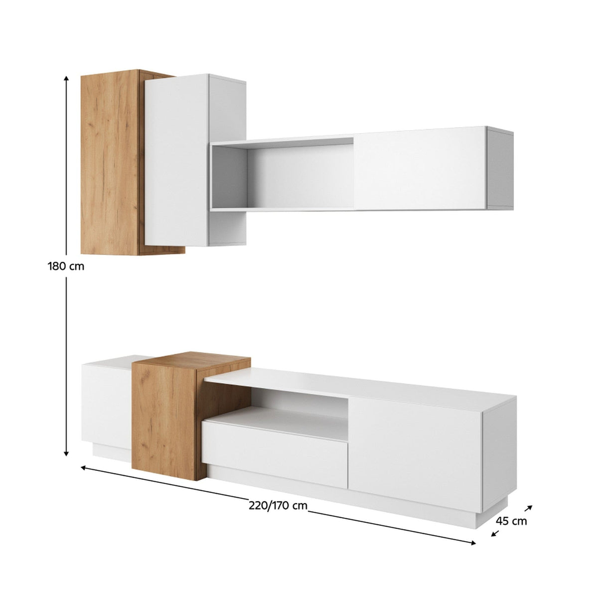 Mobilier living TRIO, alb/stejar auriu, PAL laminat, 4 piese, 220x45x180 cm
