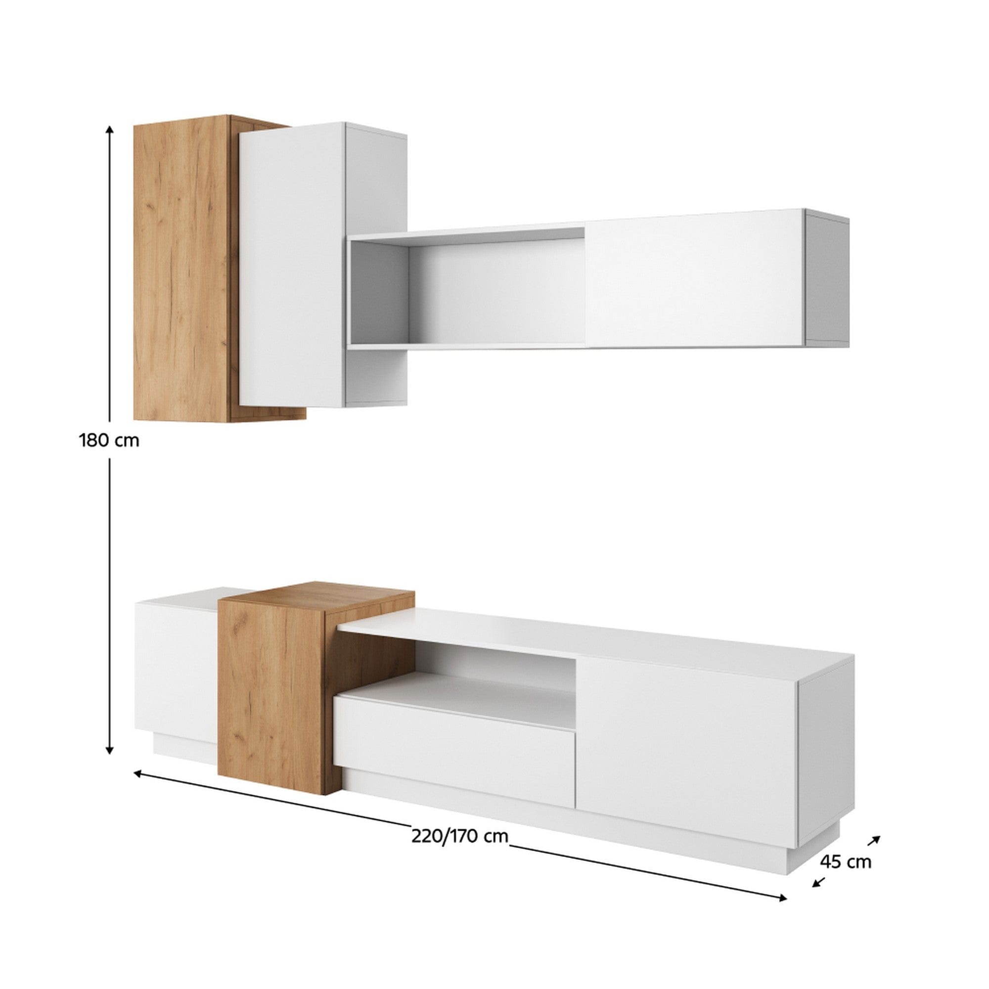 Mobilier living TRIO, alb/stejar auriu, PAL laminat, 4 piese, 220x45x180 cm