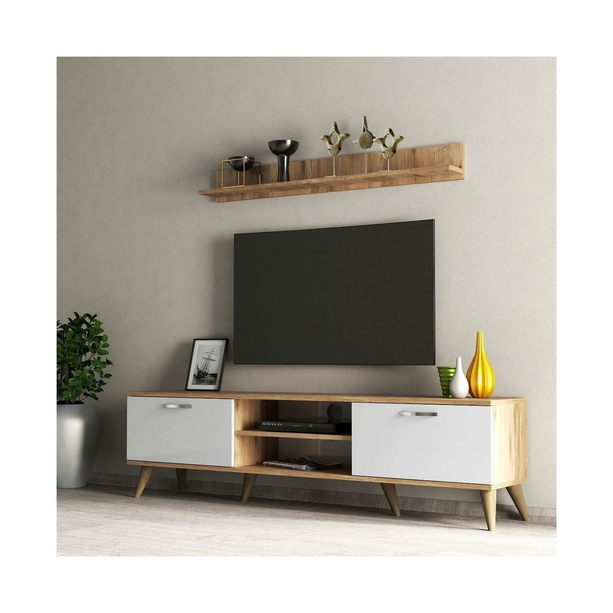 Mobilier living TVU0103, alb/stejar, PAL melaminat, 2 piese