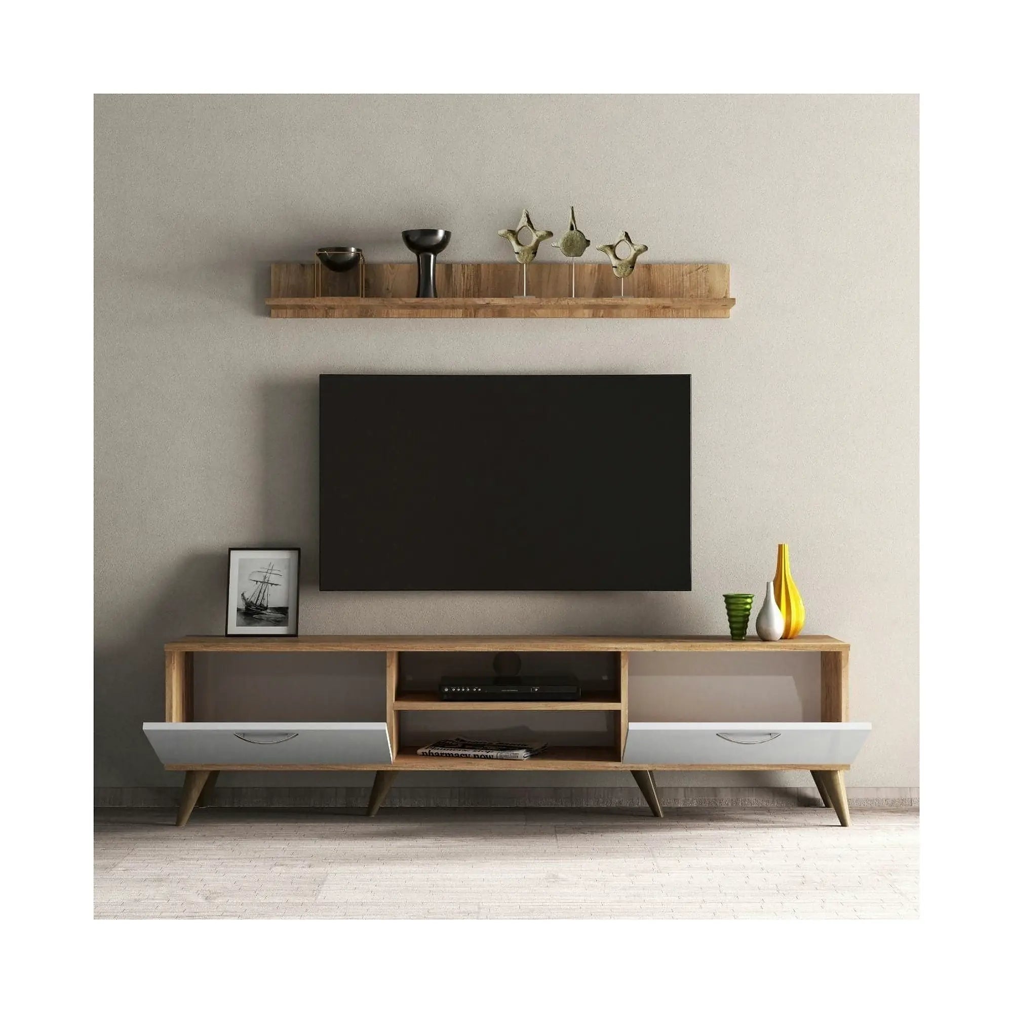 Mobilier living TVU0103, alb/stejar, PAL melaminat, 2 piese