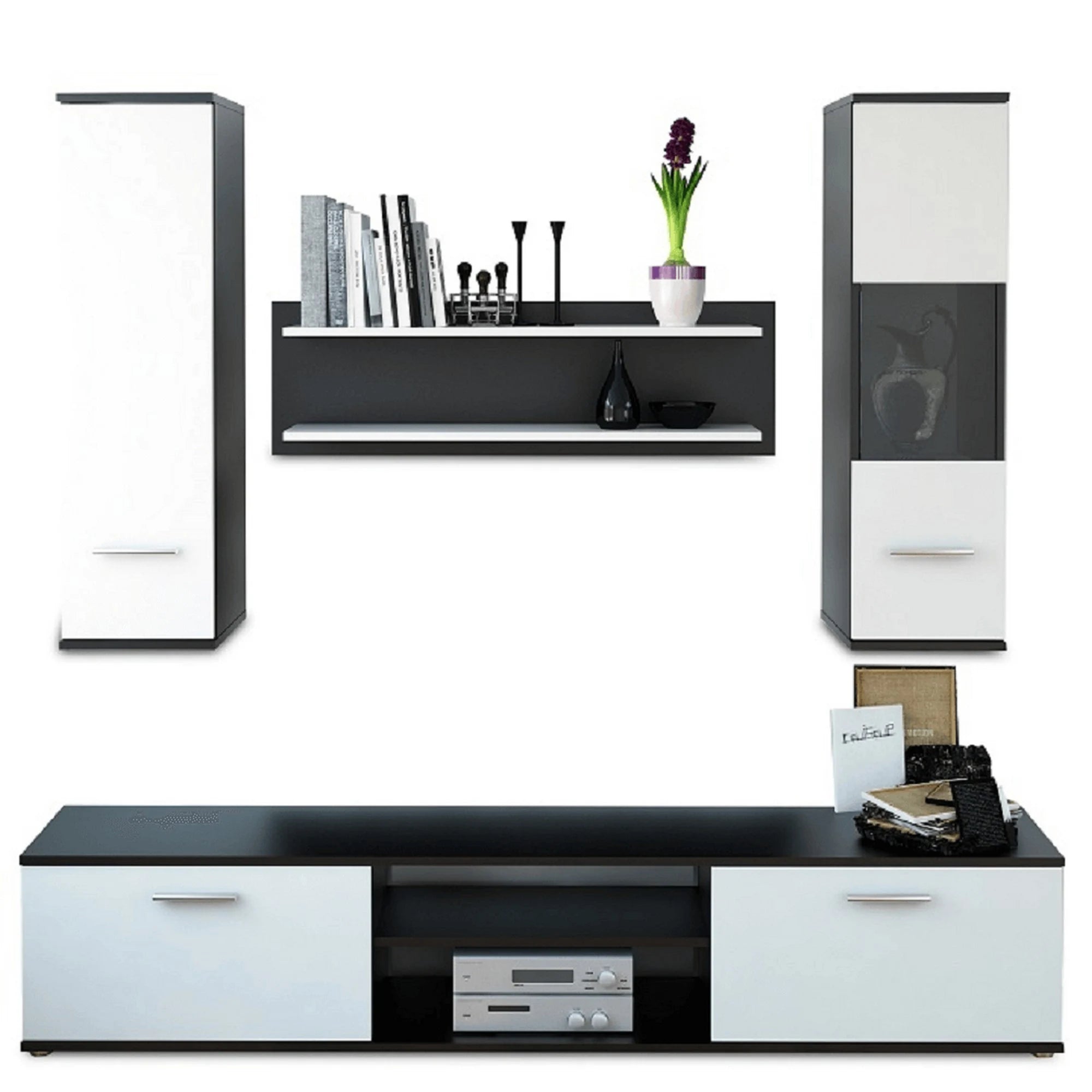 Mobilier living WAW NEW, alb/negru, PAL melaminat, 5 piese, 188x30x165 cm