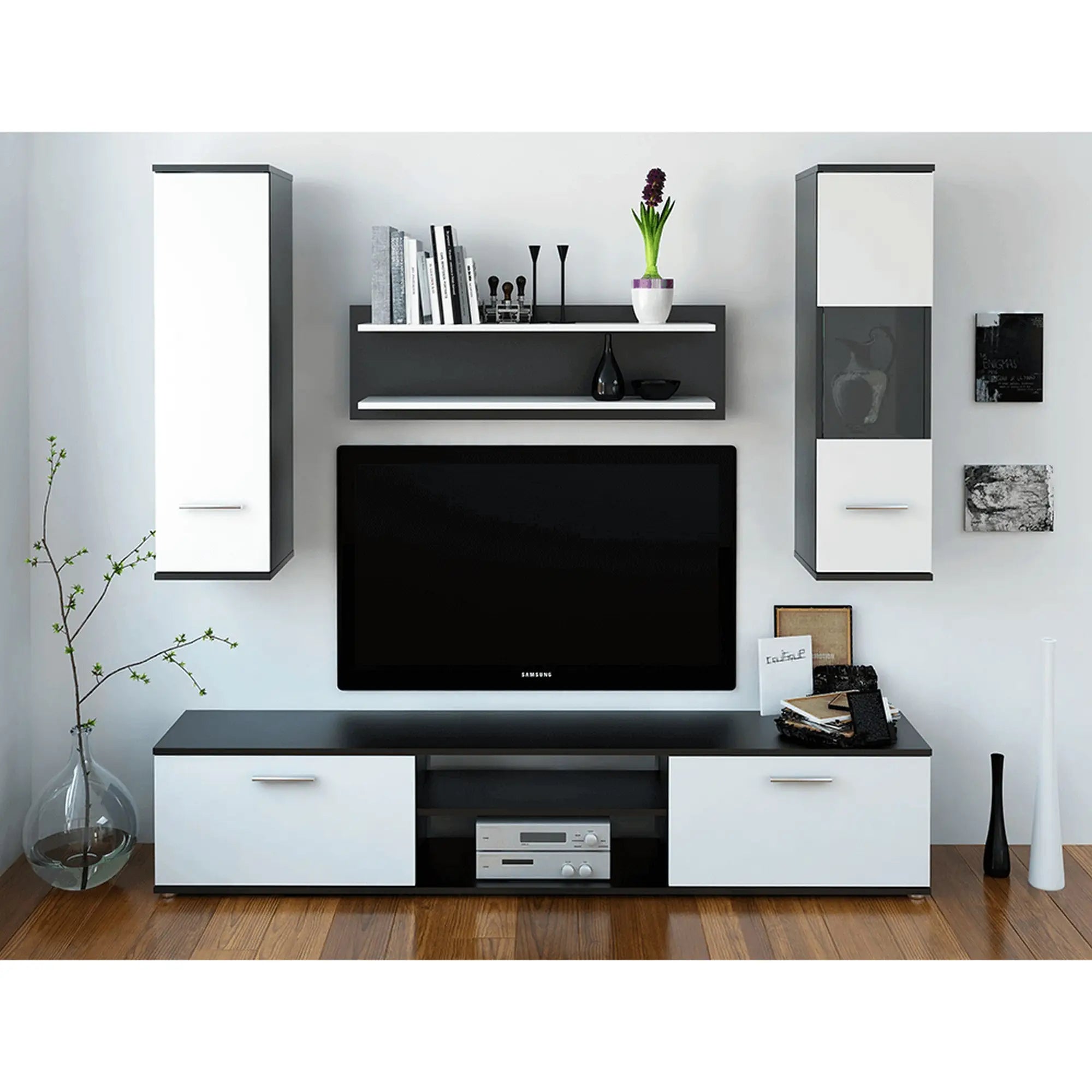 Mobilier living WAW NEW, alb/negru, PAL melaminat, 5 piese, 188x30x165 cm