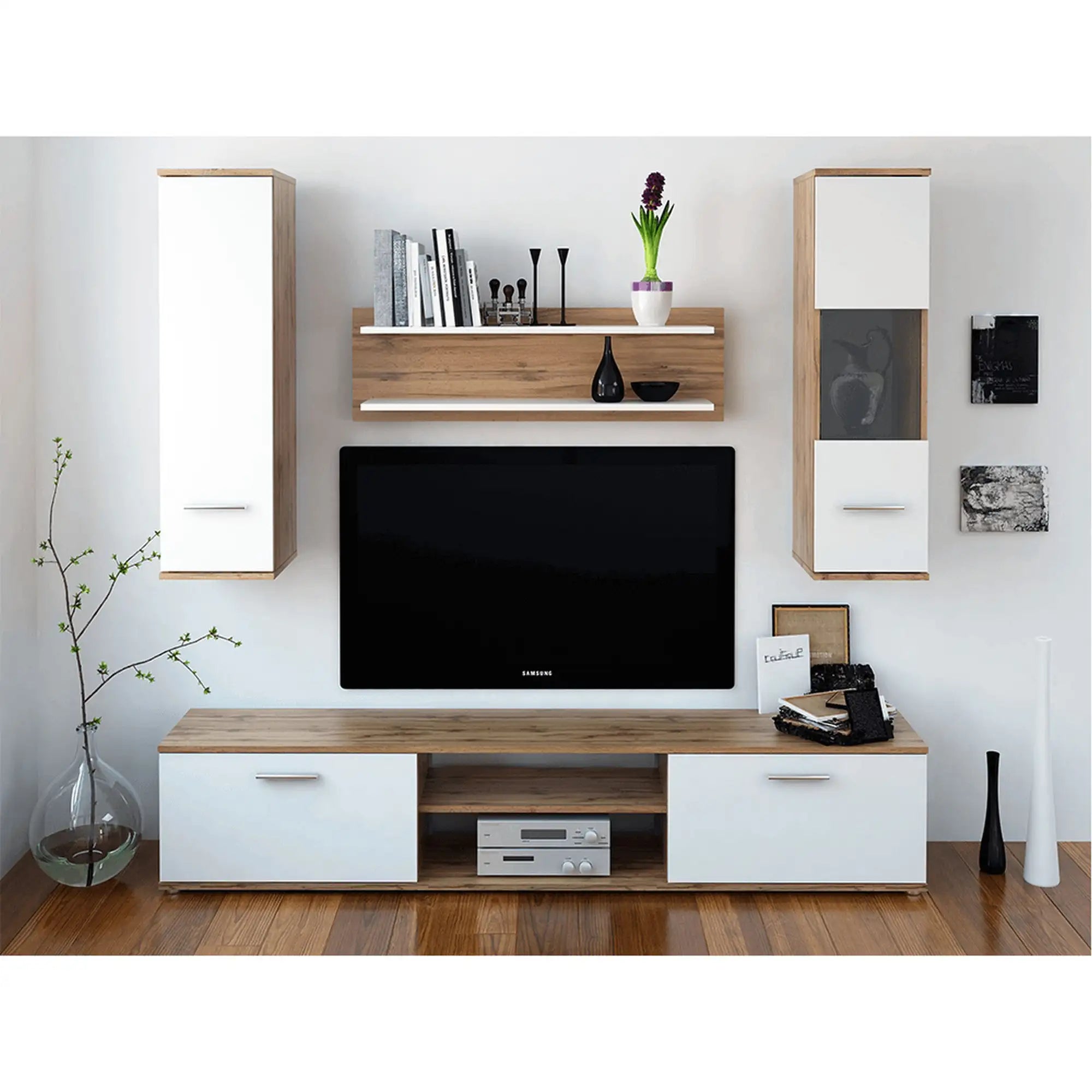 Mobilier living WAW NEW, stejar wotan/alb, PAL melaminat, 5 piese, 188x30x165 cm