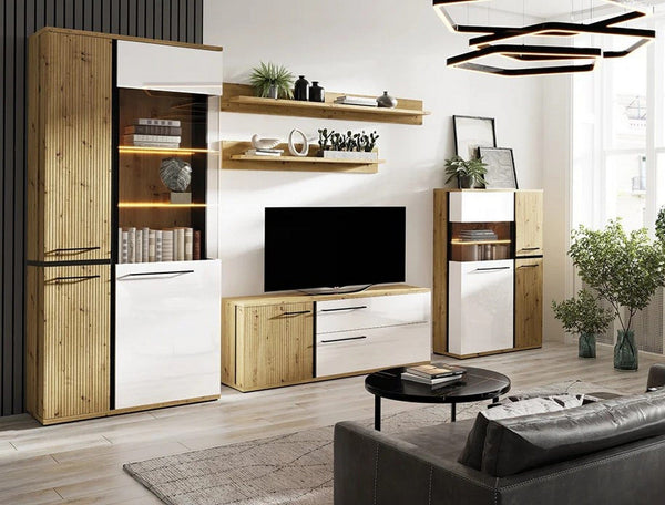 Mobilier MOLTO A, stejar artisan/alb lucios, PAL/sticla, cu iluminare LED, 5 piese, 336x37x195 cm