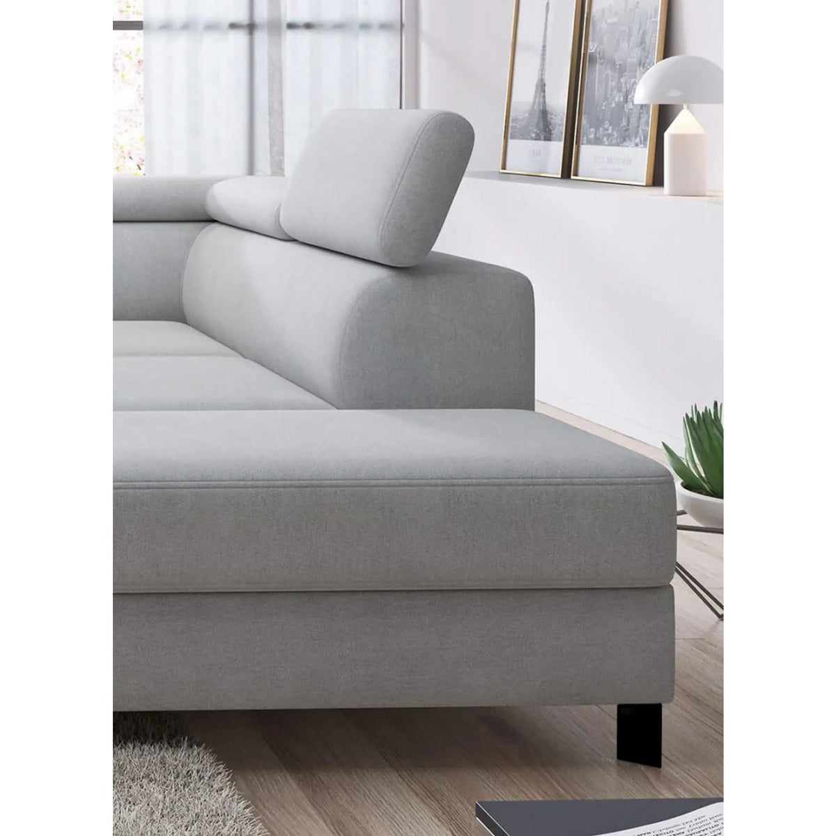 Coltar extensibil MOLINA L, personalizabil materiale gama Oferta Avantaj, cu lada depozitare si tetiere reglabile, 263x210x90 cm