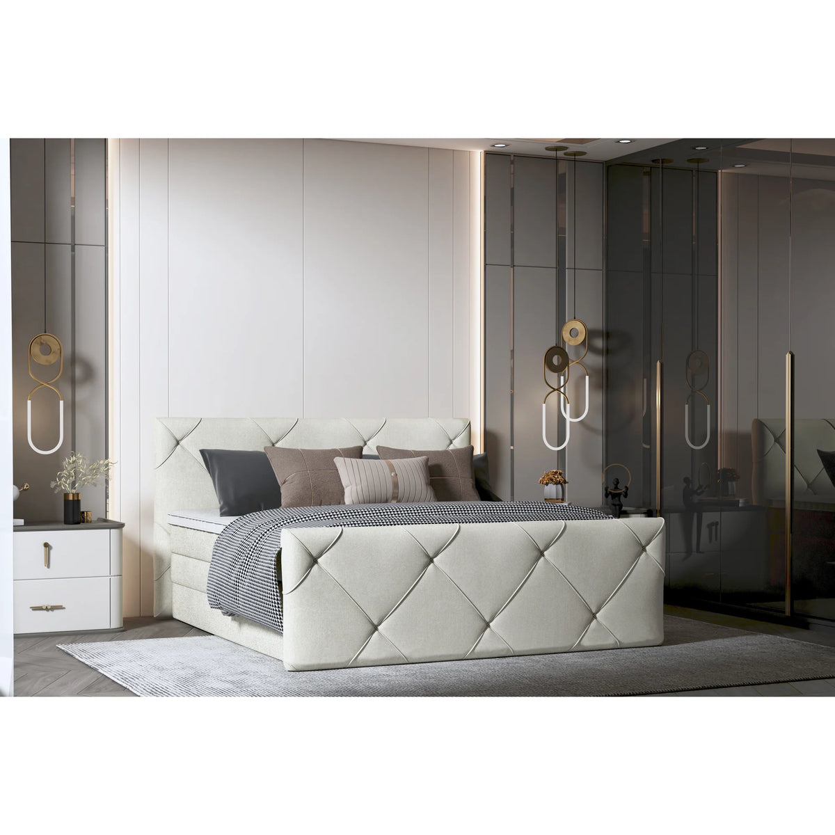 Pat boxspring MOSSA 160x200, personalizabil materiale Gama Premium, cu saltele, topper si lada pentru depozitare