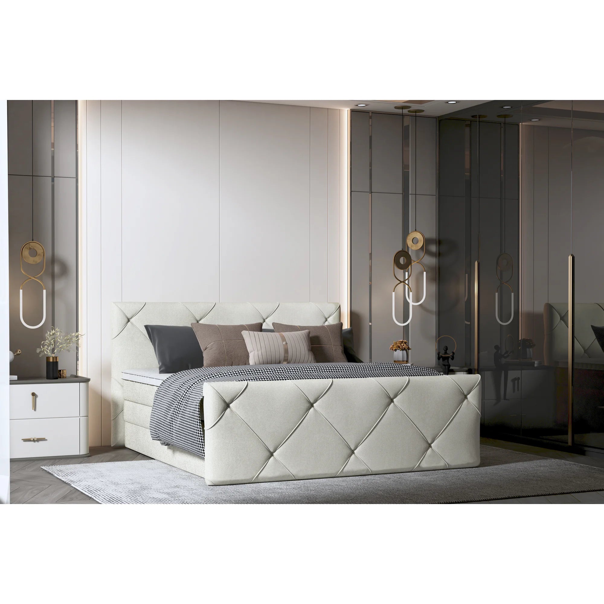 Pat boxspring MOSSA 160x200, personalizabil materiale gama Oferta Avantaj, cu saltele, topper si lada pentru depozitare