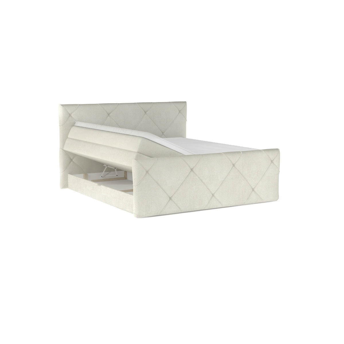 Pat boxspring MOSSA 180x200, personalizabil materiale Gama Premium, cu saltele, topper si lada pentru depozitare