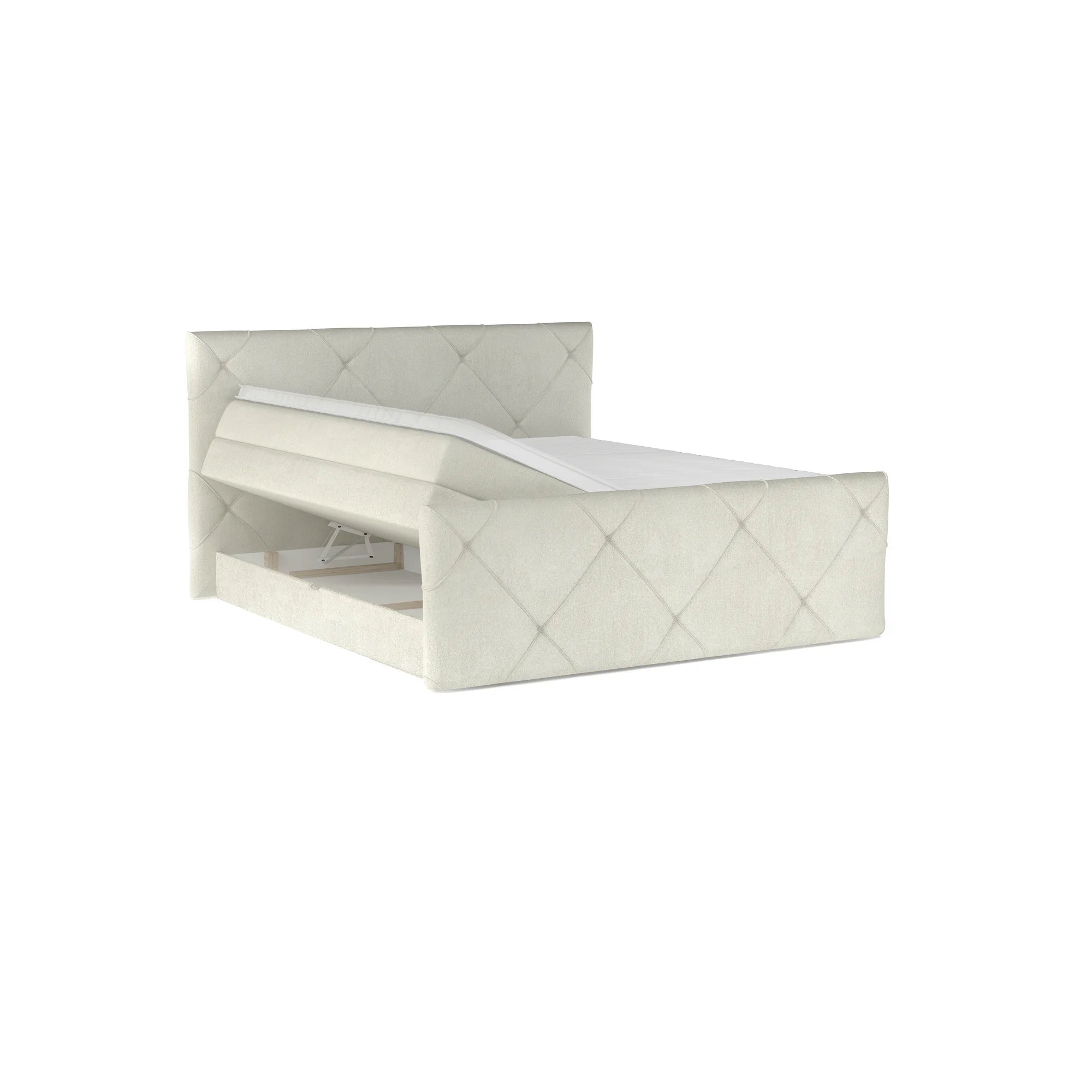 Pat boxspring MOSSA 160x200, personalizabil materiale gama Oferta Avantaj, cu saltele, topper si lada pentru depozitare