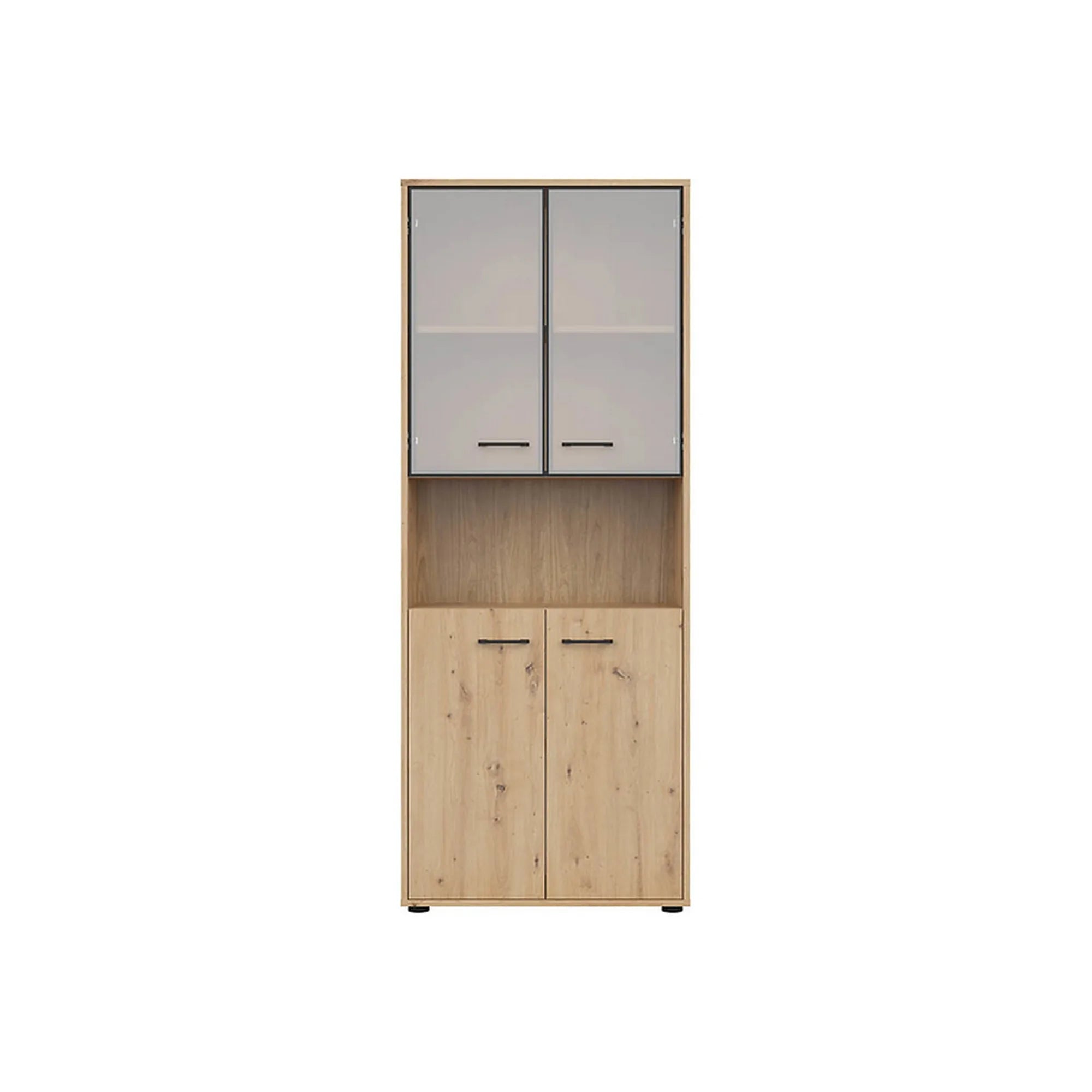 Vitrina SPACE OFFICE, stejar artisan/negru fumuriu, PAL laminat/sticla, cu 4 usi, 80x38x203 cm