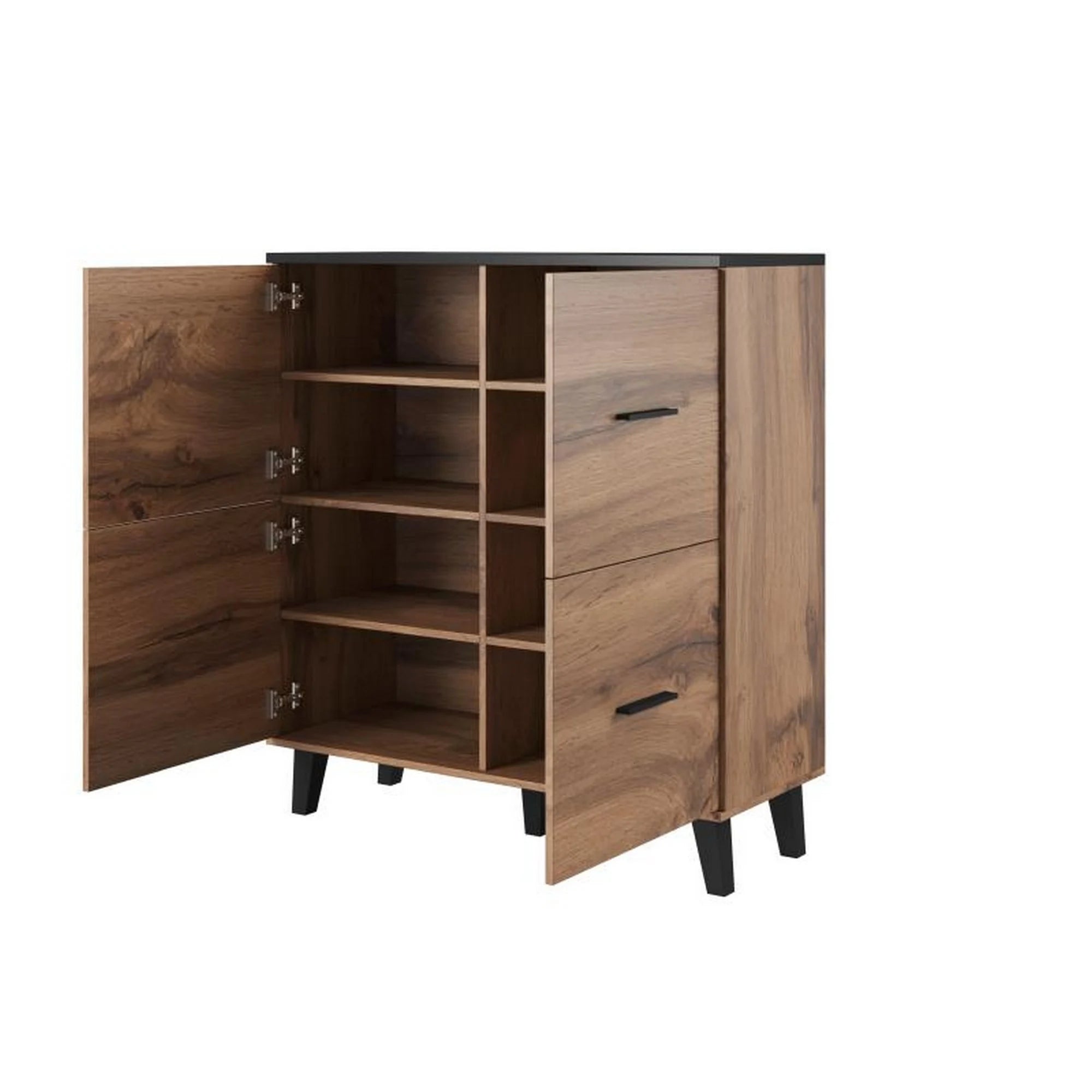 Comoda LOTTA, stejar wotan/negru, PAL, cu 4 usi, 110x45x119 cm