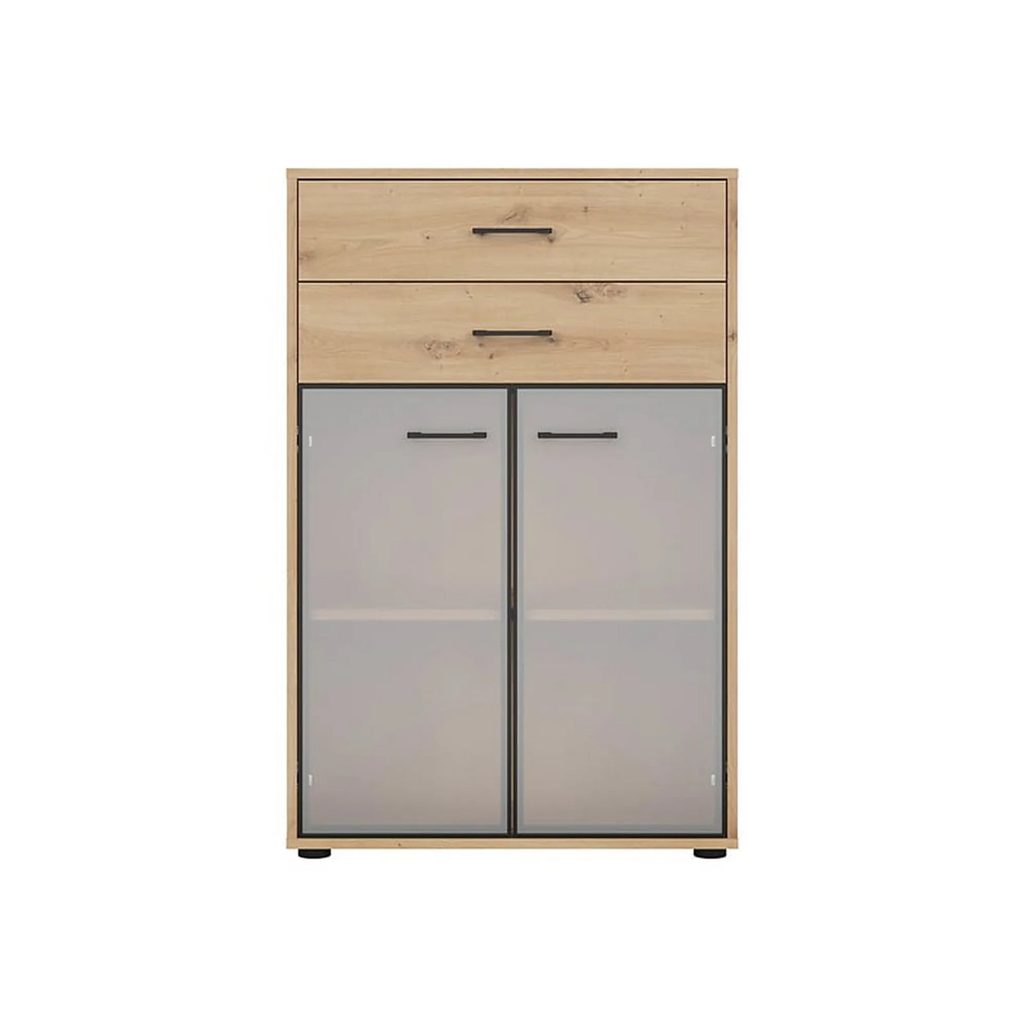 Vitrina SPACE OFFICE, stejar artisan/negru fumuriu, PAL laminat/sticla, cu 2 usi si 2 sertare, 80x38x122 cm