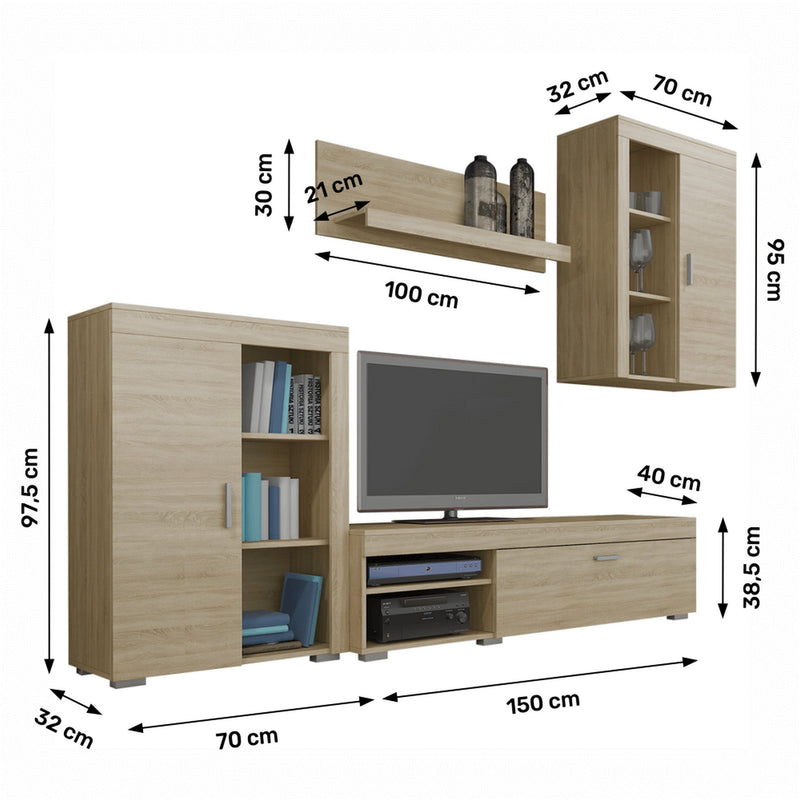 Mobilier living MYSTIE, stejar sonoma, DTD laminat, 4 piese, 220x40x180 cm