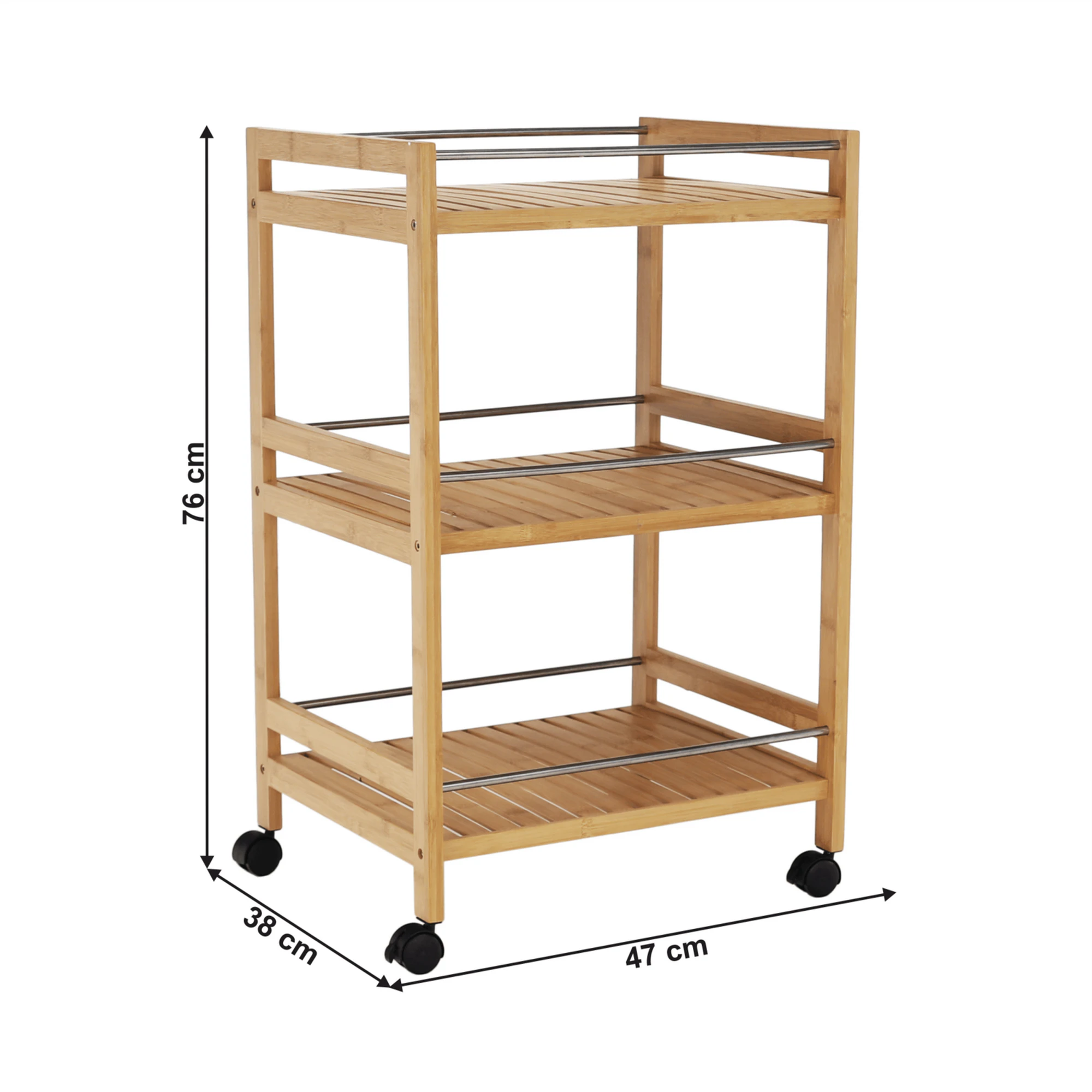 Carucior servire NASHY, stejar/negru, lemn de bambus/otel, 47x38x76 cm