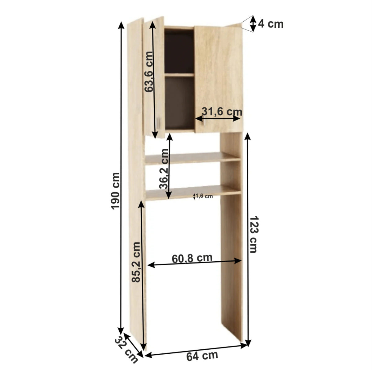Dulap pentru masina de spalat NATALI, stejar sonoma, PAL melaminat, cu 2 usi, 64x32x190 cm