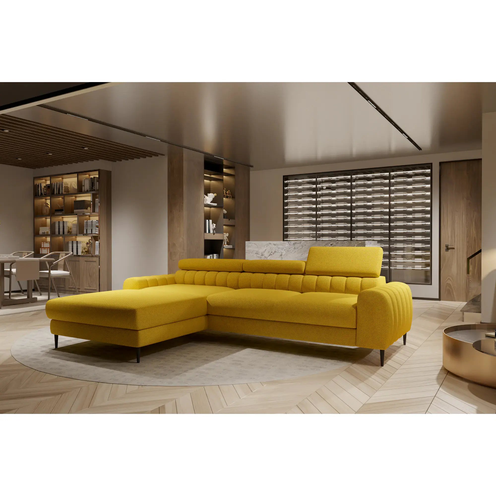 Coltar extensibil NAVAS MINI, personalizabil materiale Gama Premium, cu lada depozitare si tetiere reglabile, 240x165x86 cm