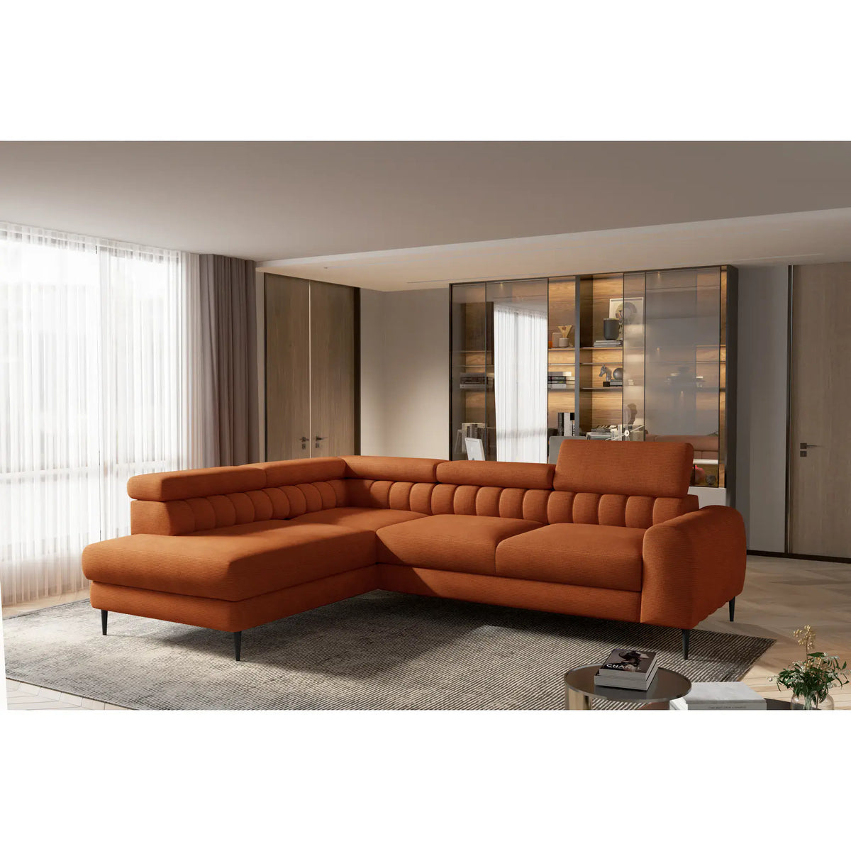 Coltar extensibil NAVAS L, sezlong stanga, stofa catifelata bej - Riviera 16, Gama Premium, cu lada depozitare si tetiere reglabile, 246x175x86 cm