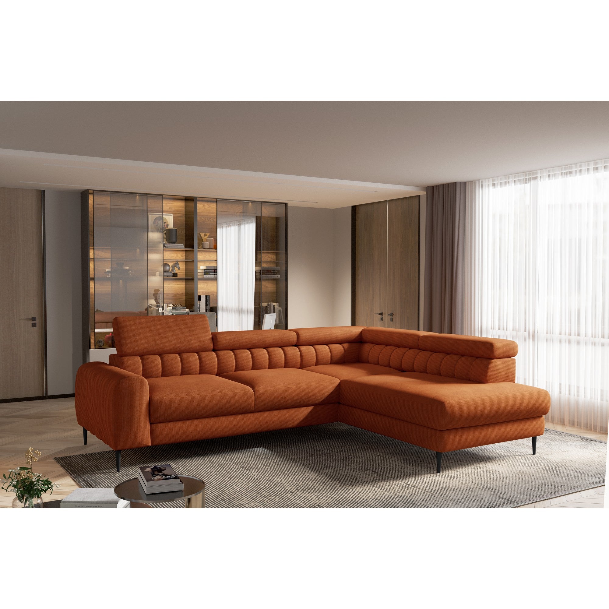 Coltar extensibil NAVAS L, personalizabil materiale Gama Premium, cu lada depozitare si tetiere reglabile, 246x175x86 cm