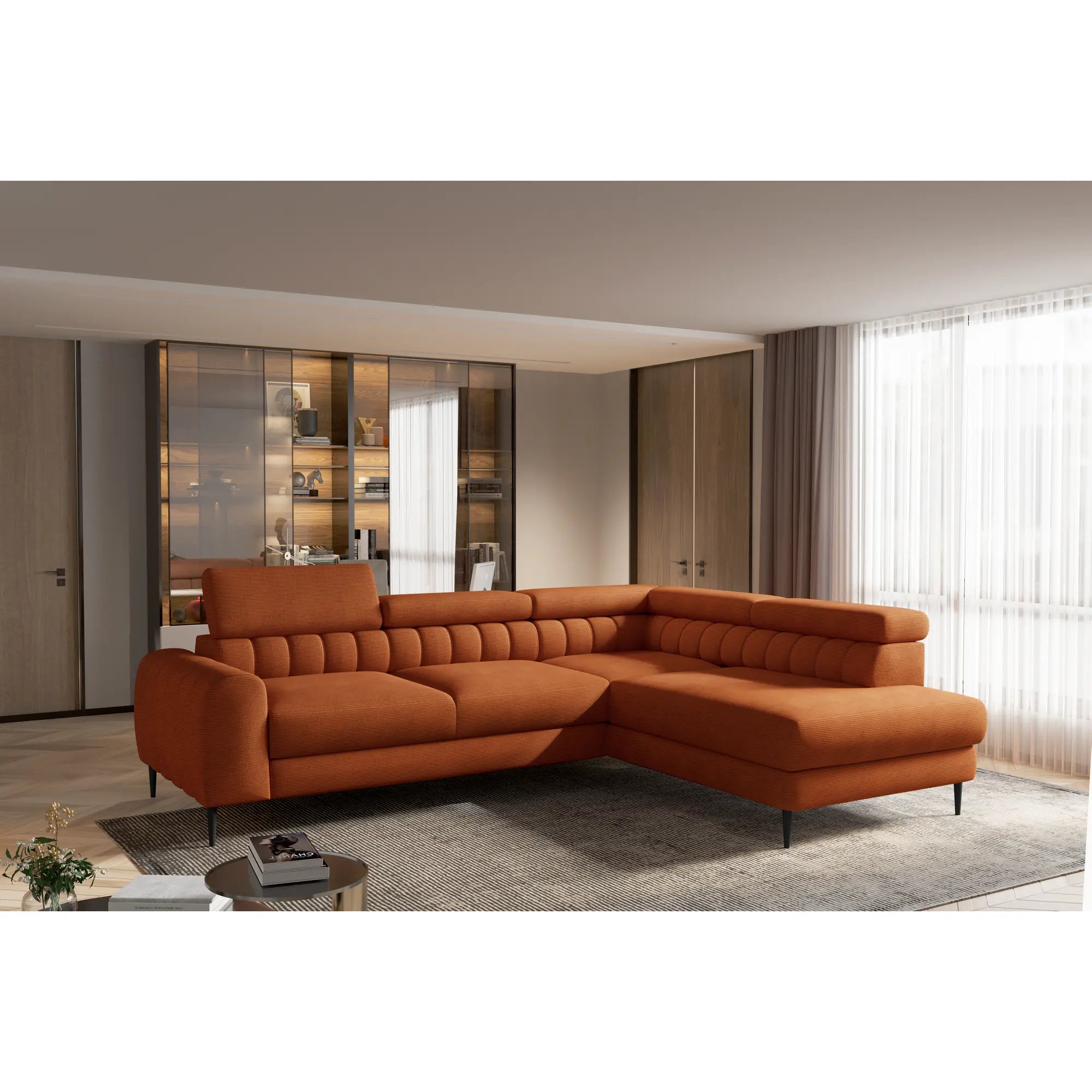 Coltar extensibil NAVAS L, personalizabil materiale Gama Premium, cu lada depozitare si tetiere reglabile, 246x175x86 cm