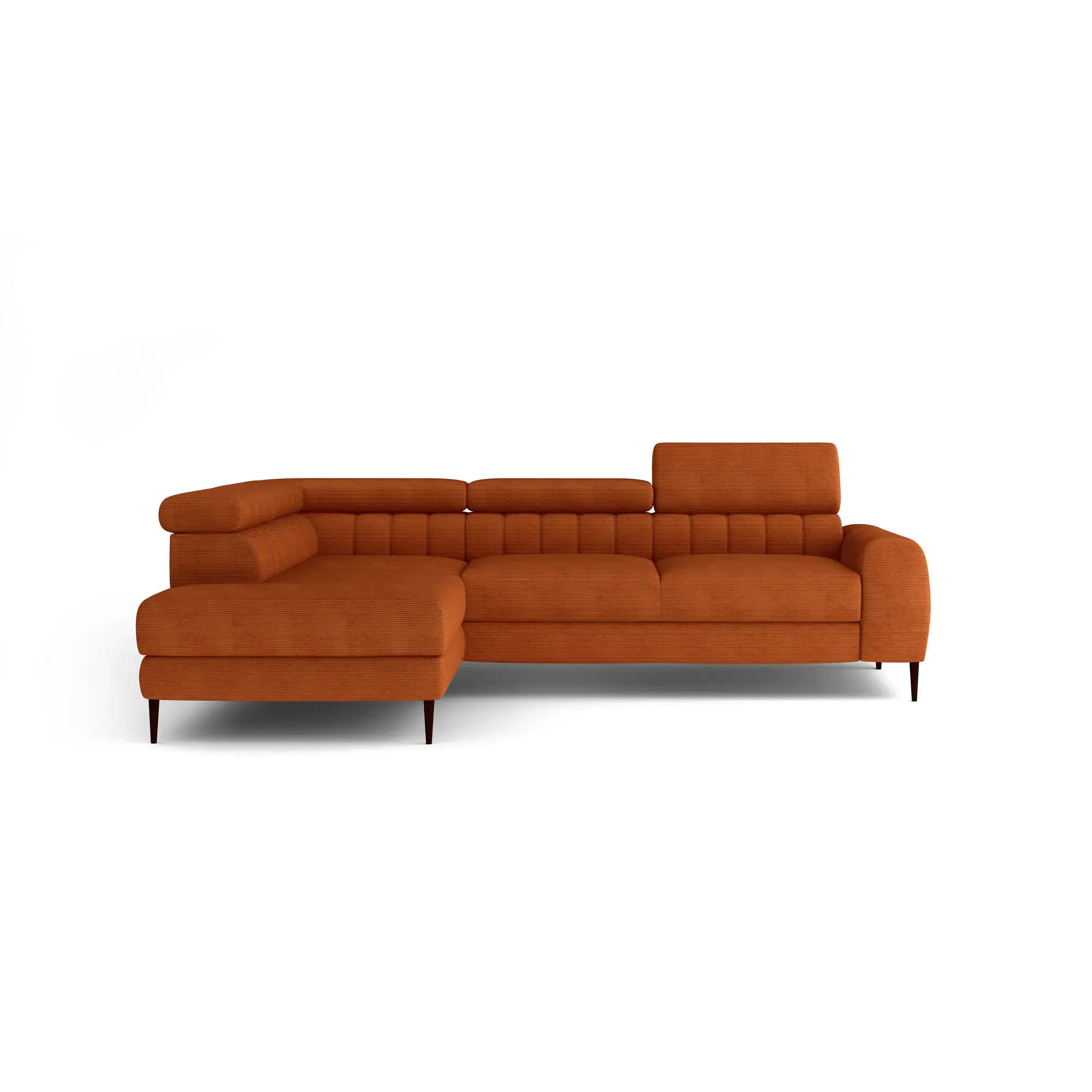 Coltar extensibil NAVAS L, sezlong stanga, stofa catifelata bej - Riviera 16, Gama Premium, cu lada depozitare si tetiere reglabile, 246x175x86 cm