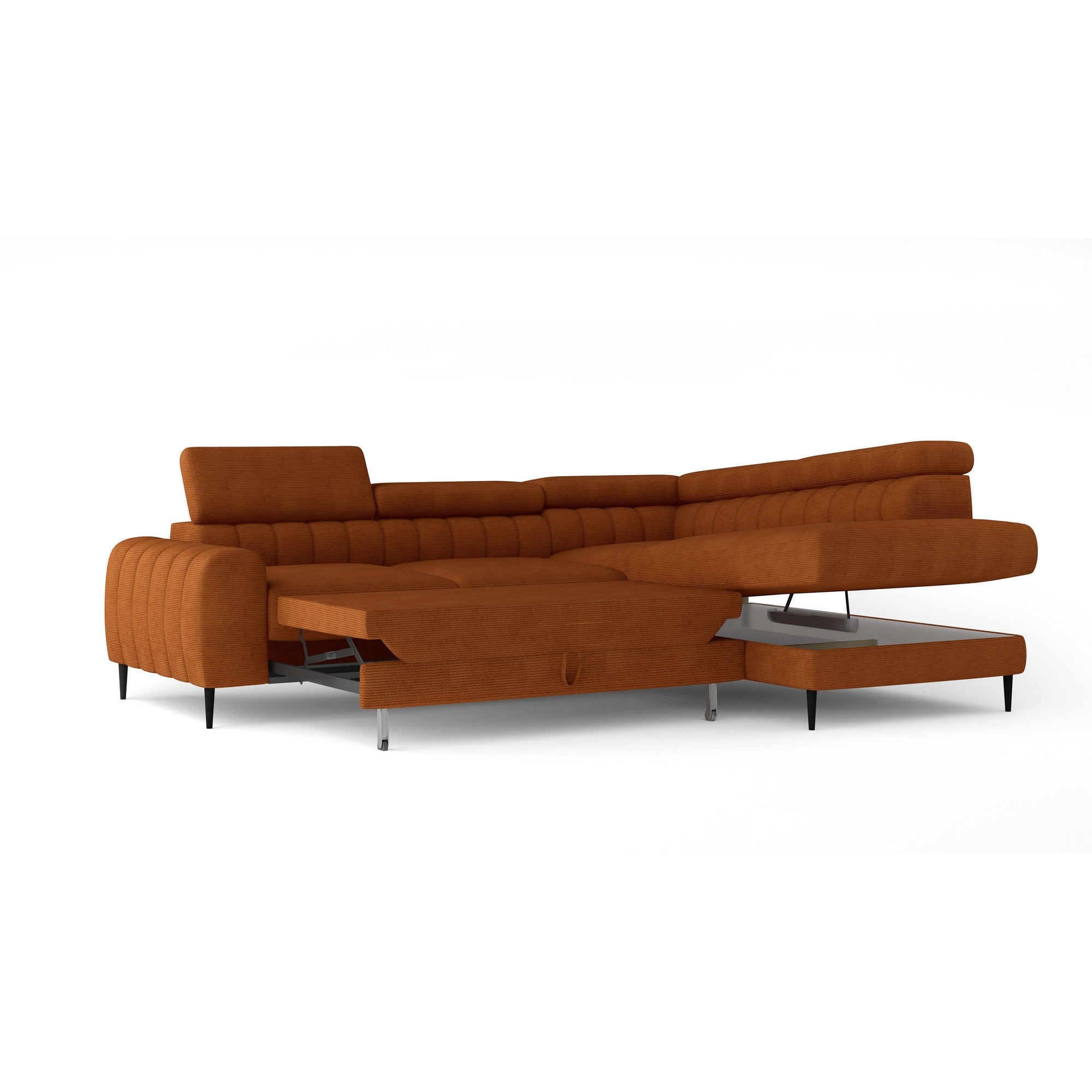 Coltar extensibil NAVAS L, personalizabil materiale Gama Premium, cu lada depozitare si tetiere reglabile, 246x175x86 cm