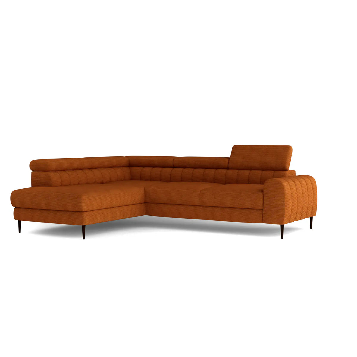 Coltar extensibil NAVAS L, sezlong stanga, stofa catifelata bej - Riviera 16, Gama Premium, cu lada depozitare si tetiere reglabile, 246x175x86 cm