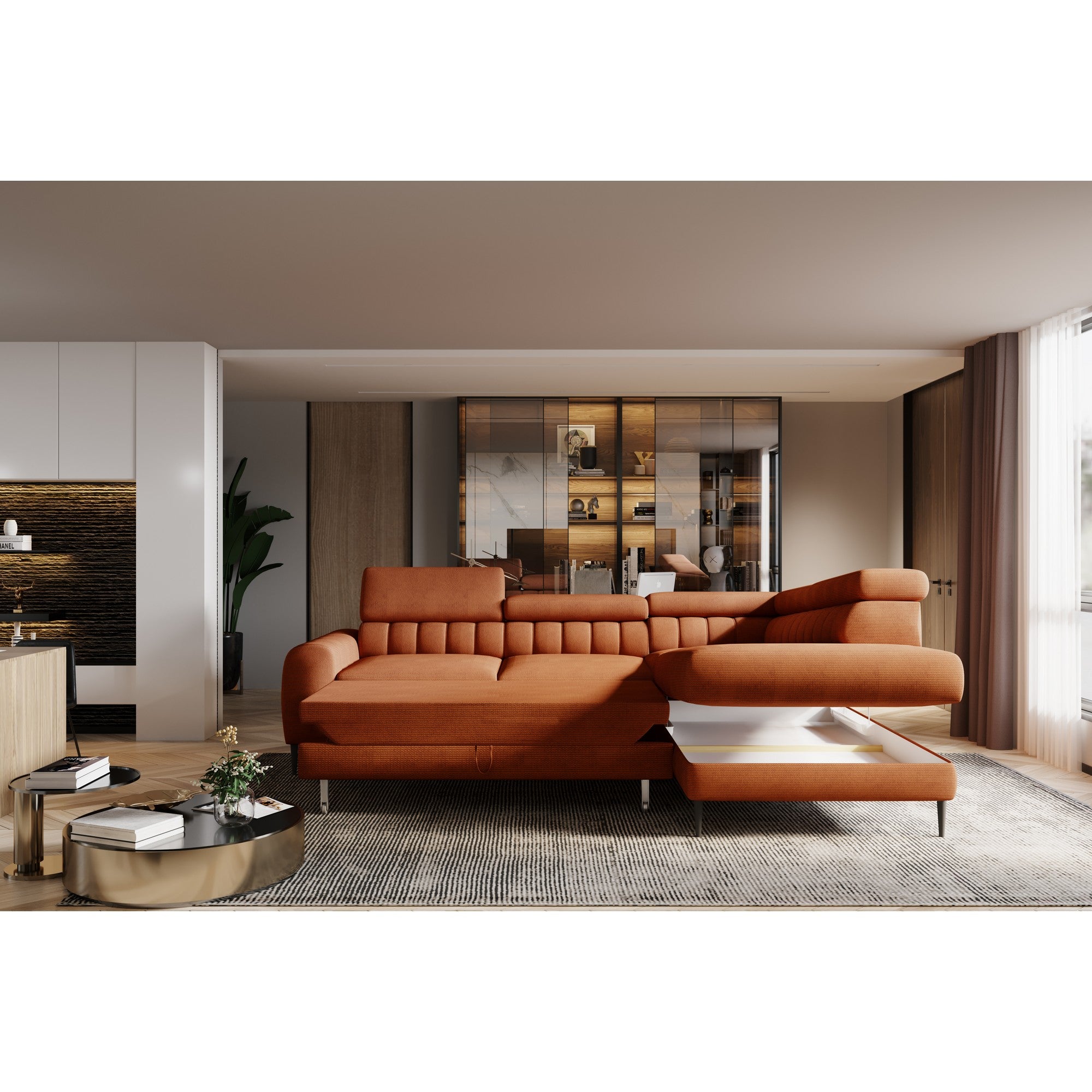 Coltar extensibil NAVAS L, personalizabil materiale Gama Premium, cu lada depozitare si tetiere reglabile, 246x175x86 cm
