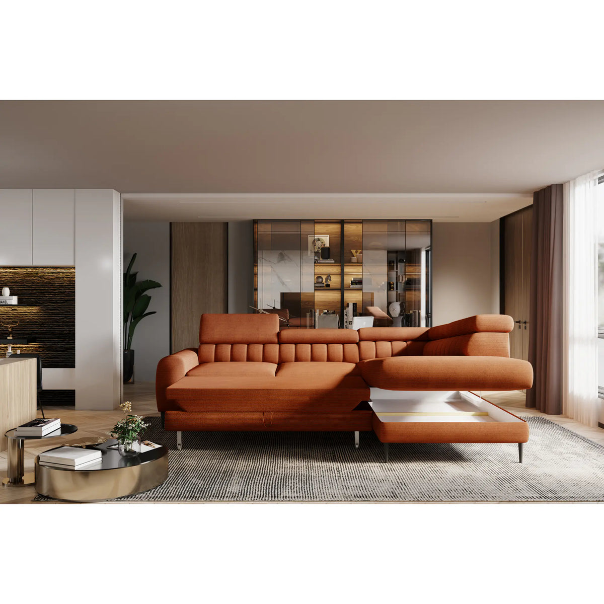 Coltar extensibil NAVAS L, personalizabil materiale Gama Premium, cu lada depozitare si tetiere reglabile, 246x175x86 cm