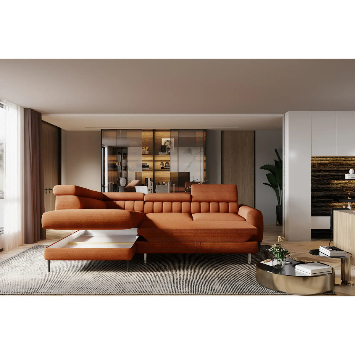 Coltar extensibil NAVAS L, sezlong stanga, stofa catifelata bej - Riviera 16, Gama Premium, cu lada depozitare si tetiere reglabile, 246x175x86 cm