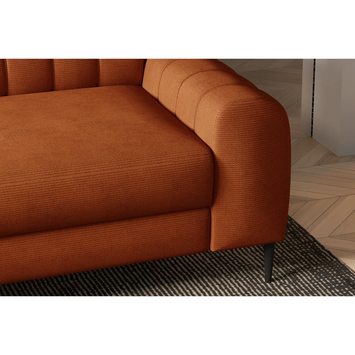 Coltar extensibil NAVAS L, sezlong stanga, stofa catifelata bej - Riviera 16, Gama Premium, cu lada depozitare si tetiere reglabile, 246x175x86 cm