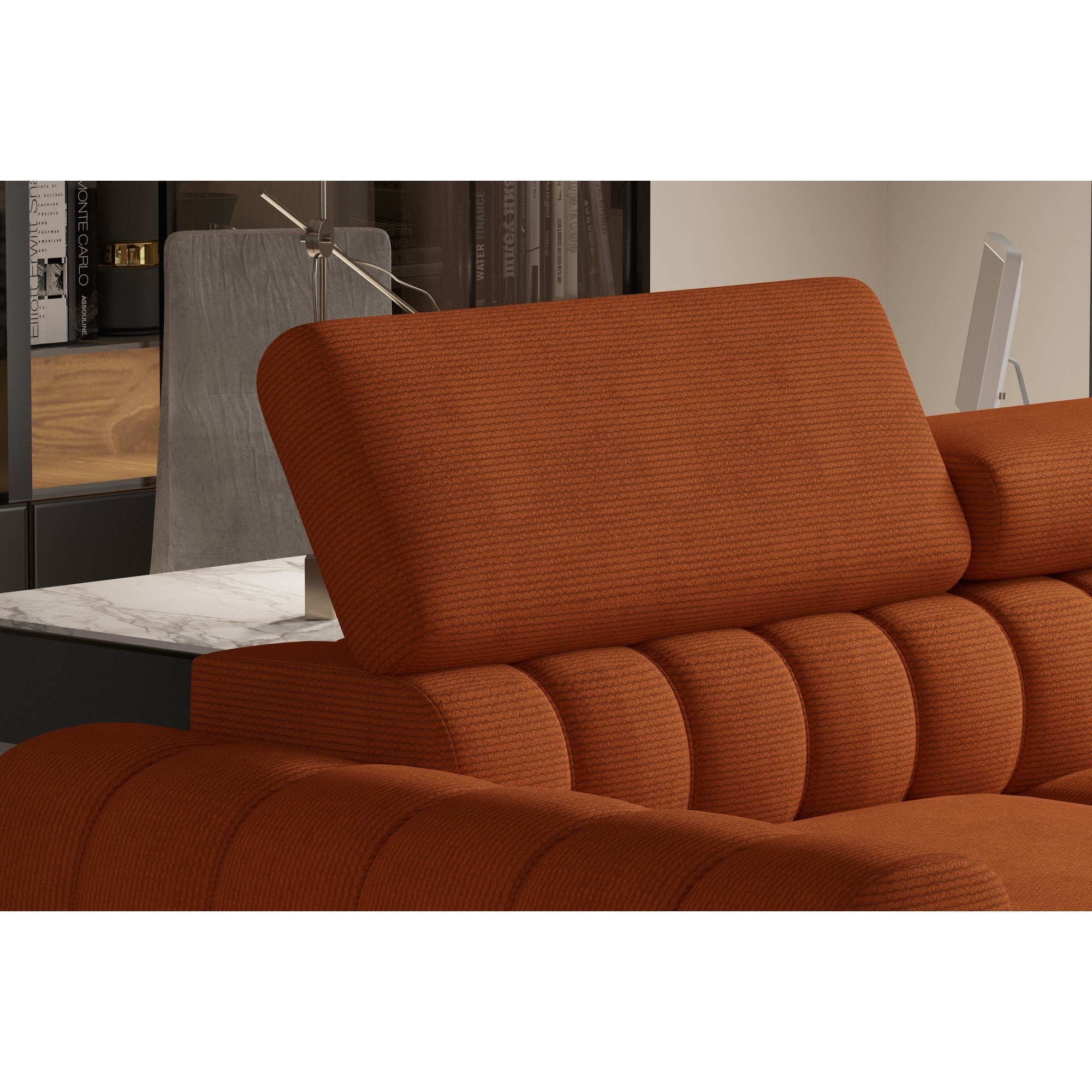 Coltar extensibil NAVAS L, personalizabil materiale Gama Premium, cu lada depozitare si tetiere reglabile, 246x175x86 cm