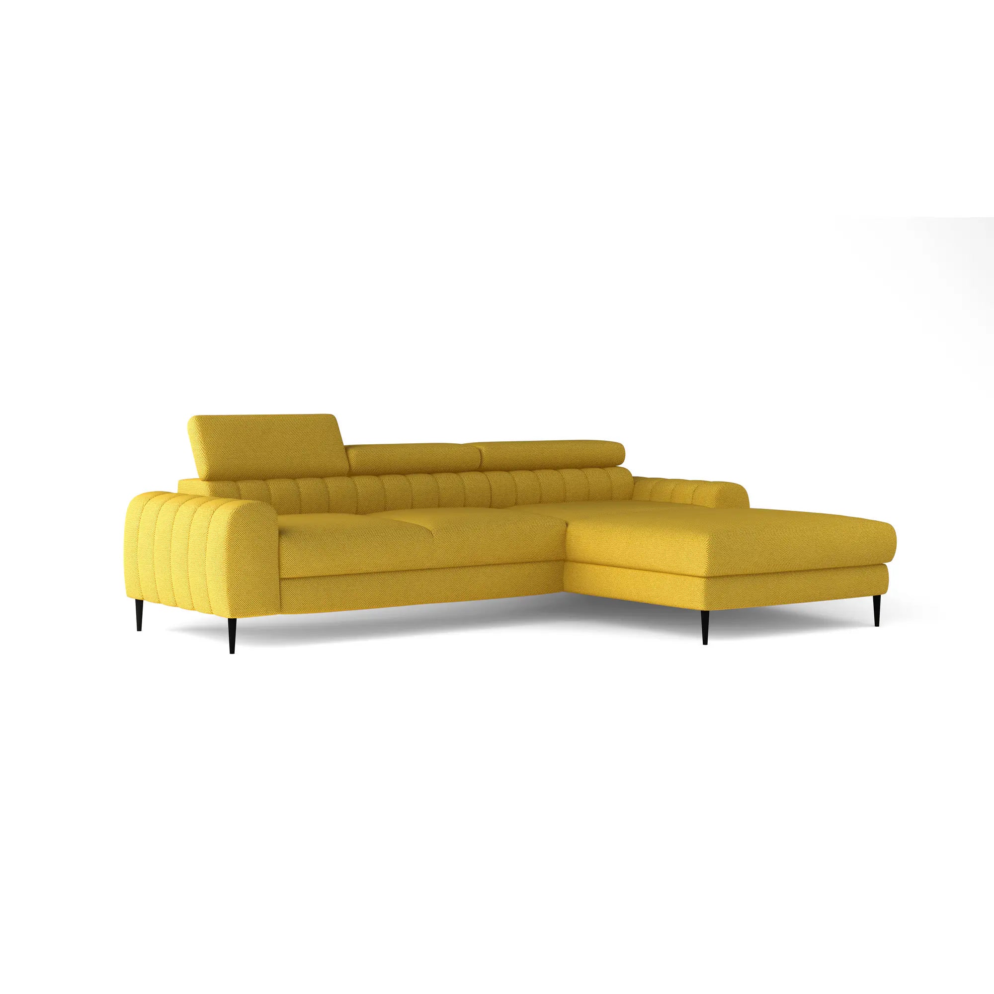 Coltar extensibil NAVAS MINI, personalizabil materiale Gama Premium, cu lada depozitare si tetiere reglabile, 240x165x86 cm