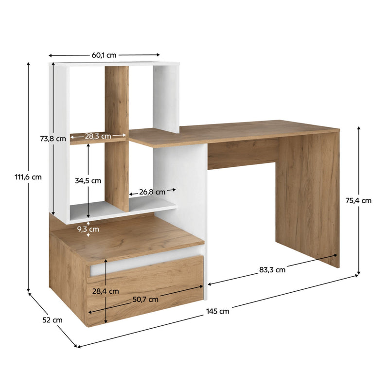 Birou NEREO NEW, stejar artisan/alb, DTD laminat, 145x52x112 cm