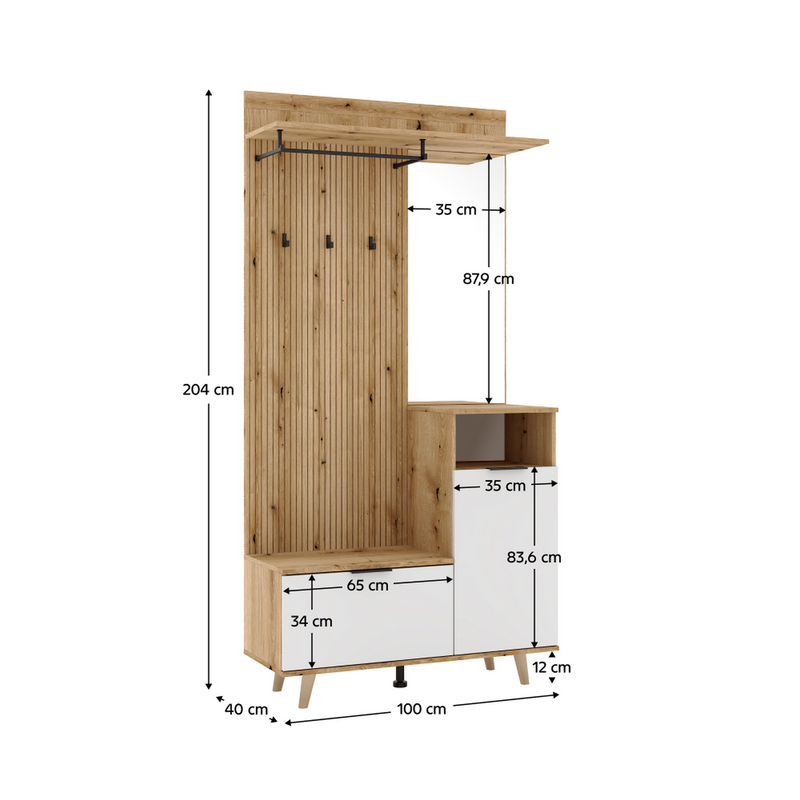 Mobiler hol NODRI, stejar evoke/alb, DTD laminat, 100x40x204 cm