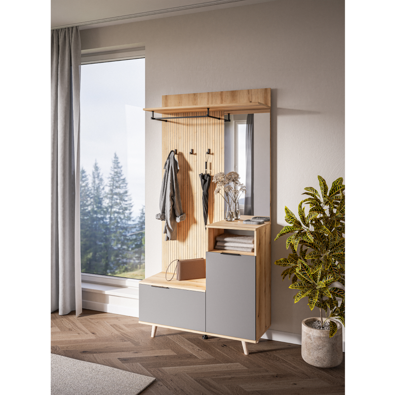 Mobilier hol NODRI, stejar evoke/gri grafit, DTD laminat, 100x40x204 cm