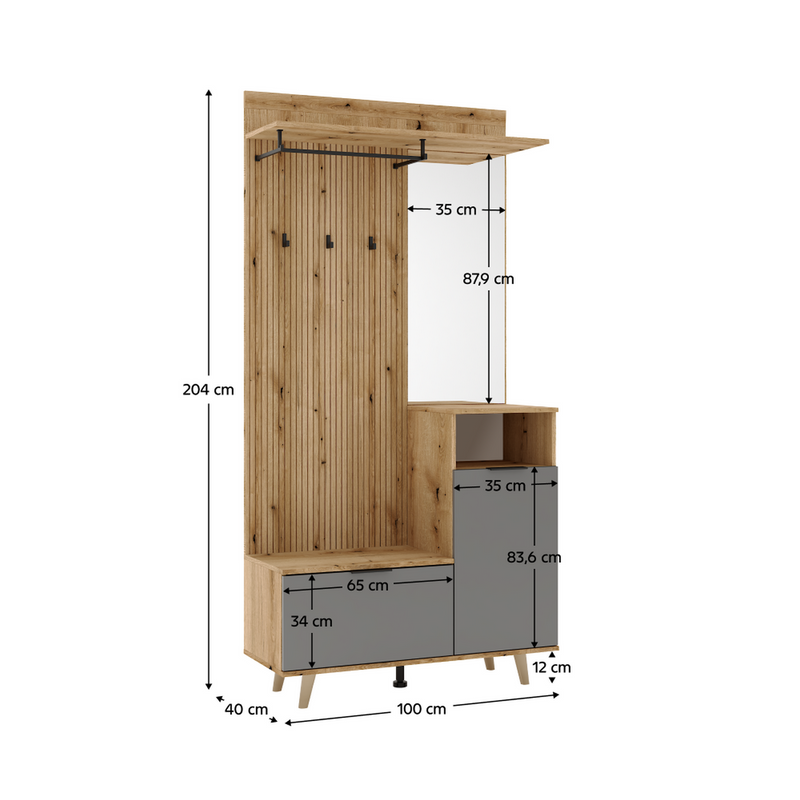 Mobilier hol NODRI, stejar evoke/gri grafit, DTD laminat, 100x40x204 cm