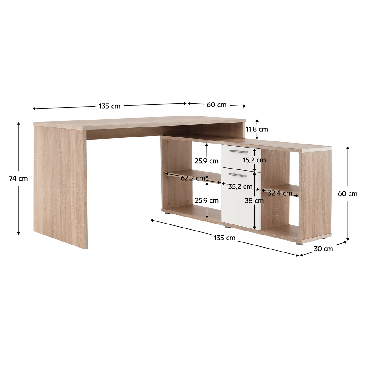 Birou NOE NEW, stejar sonoma/alb, PAL melaminat, 135x60/30x74/60 cm