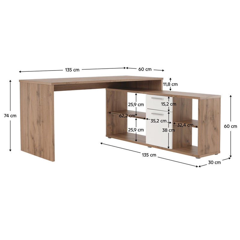 Birou NOE NEW, stejar wotan/alb, DTD laminat, 135x60/30x74/60 cm