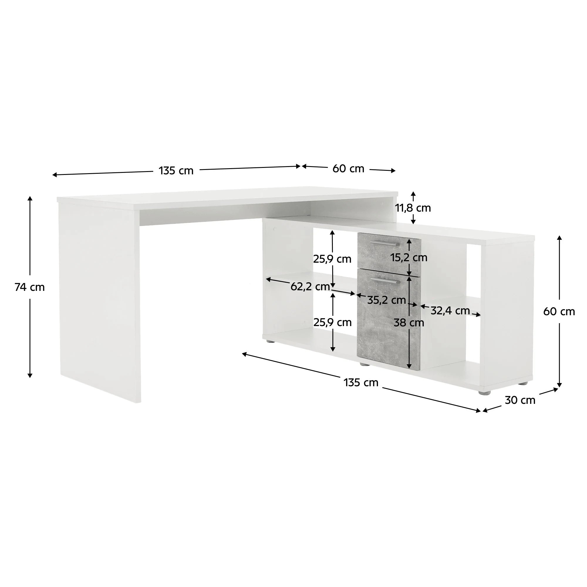 Birou NOE NEW, alb/gri beton, PAL melaminat, 135x60/30x74/60 cm