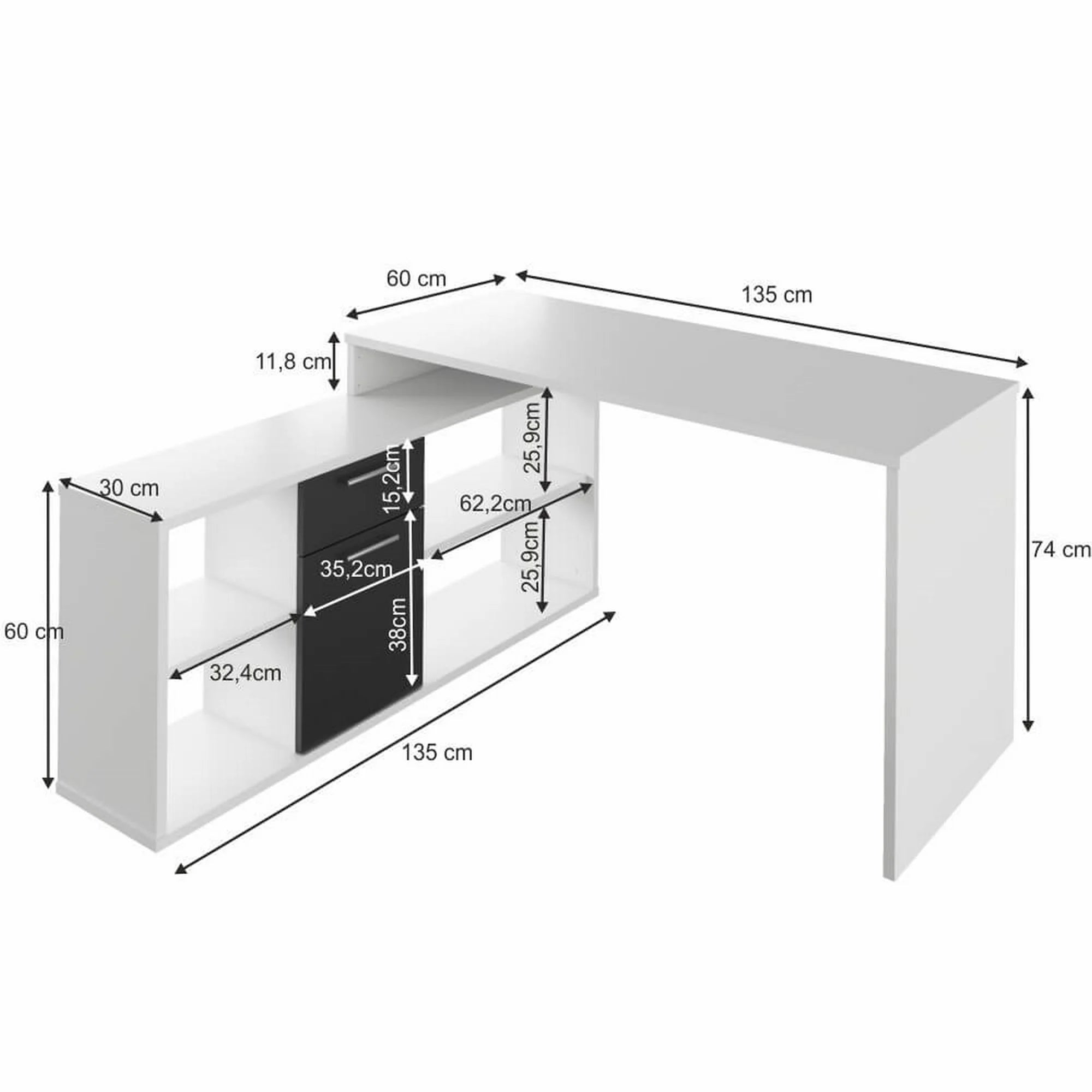 Birou NOE NEW, alb/negru, PAL melaminat, 135x60/30x74/60 cm