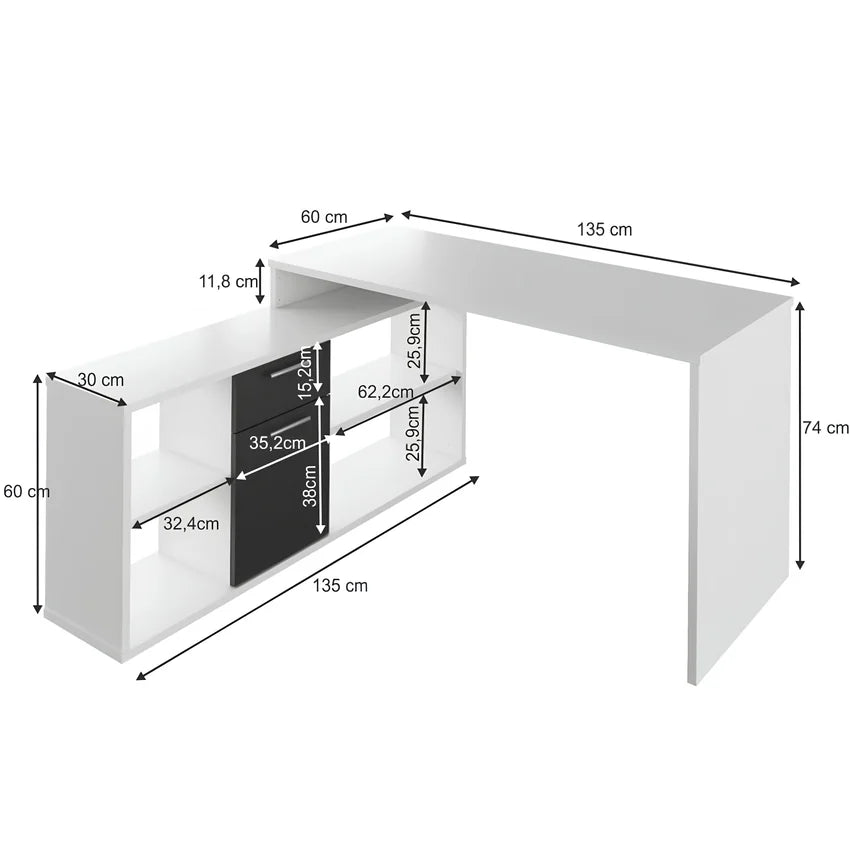 Birou NOE NEW, alb/negru, PAL melaminat, 135x60/30x74/60 cm