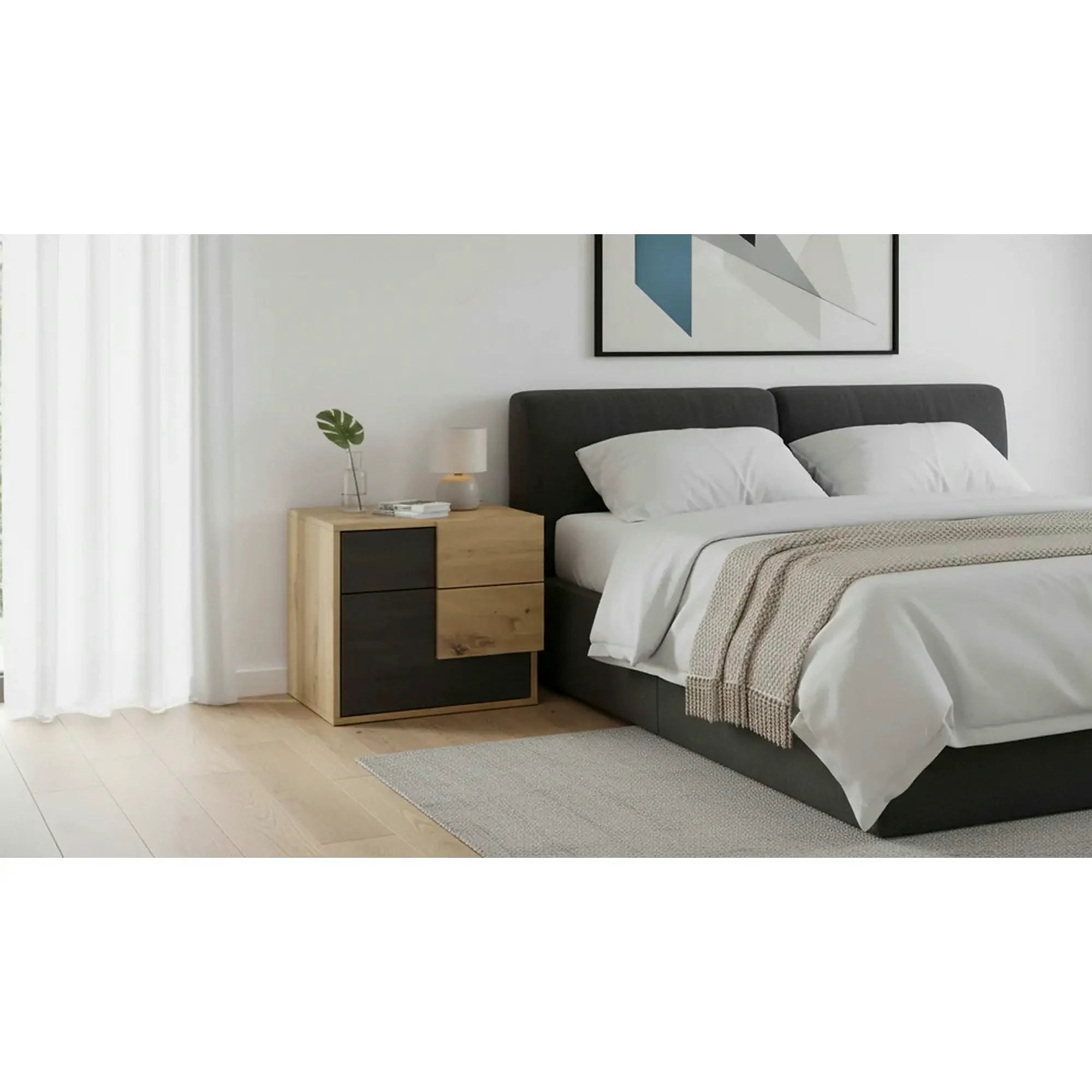 Noptiera BAFRA, pin negru/stejar artisan, DTD laminat, 54x40x40 cm