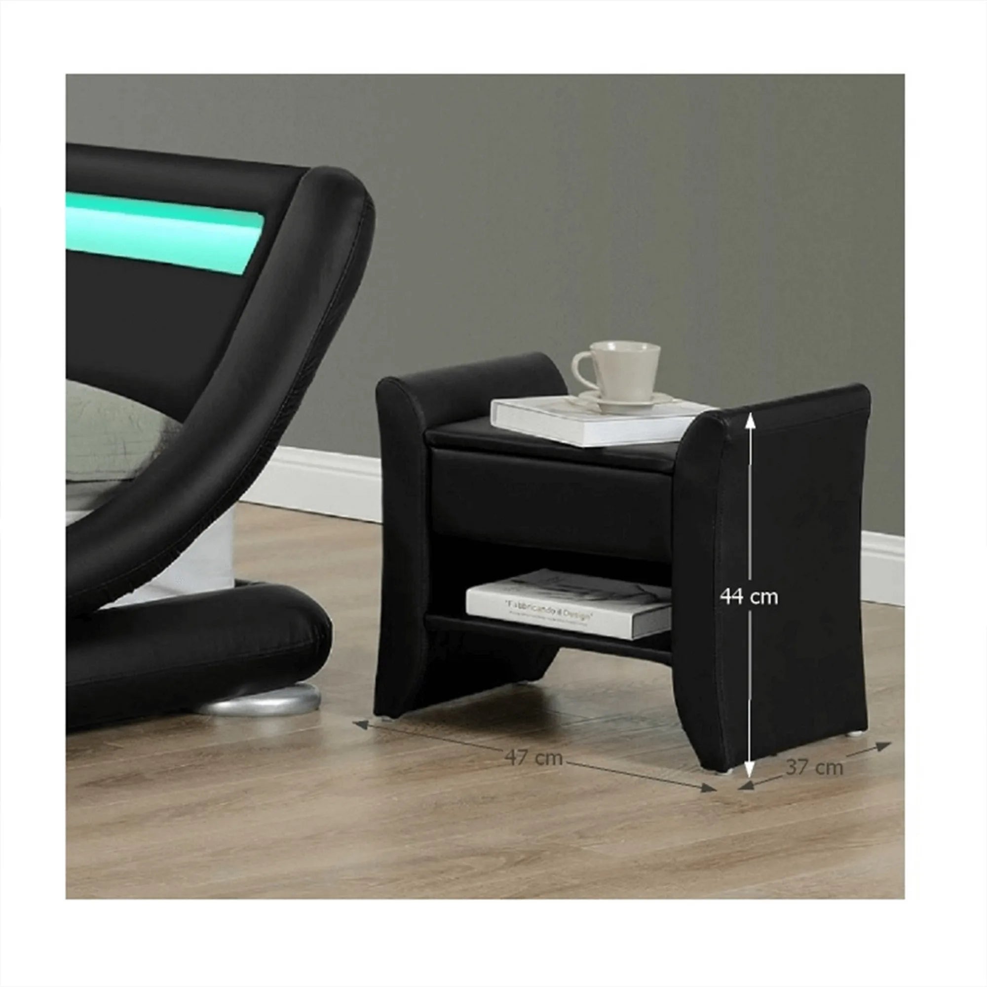 Noptiera BOLTON, negru, piele ecologica, 47x37x44 cm