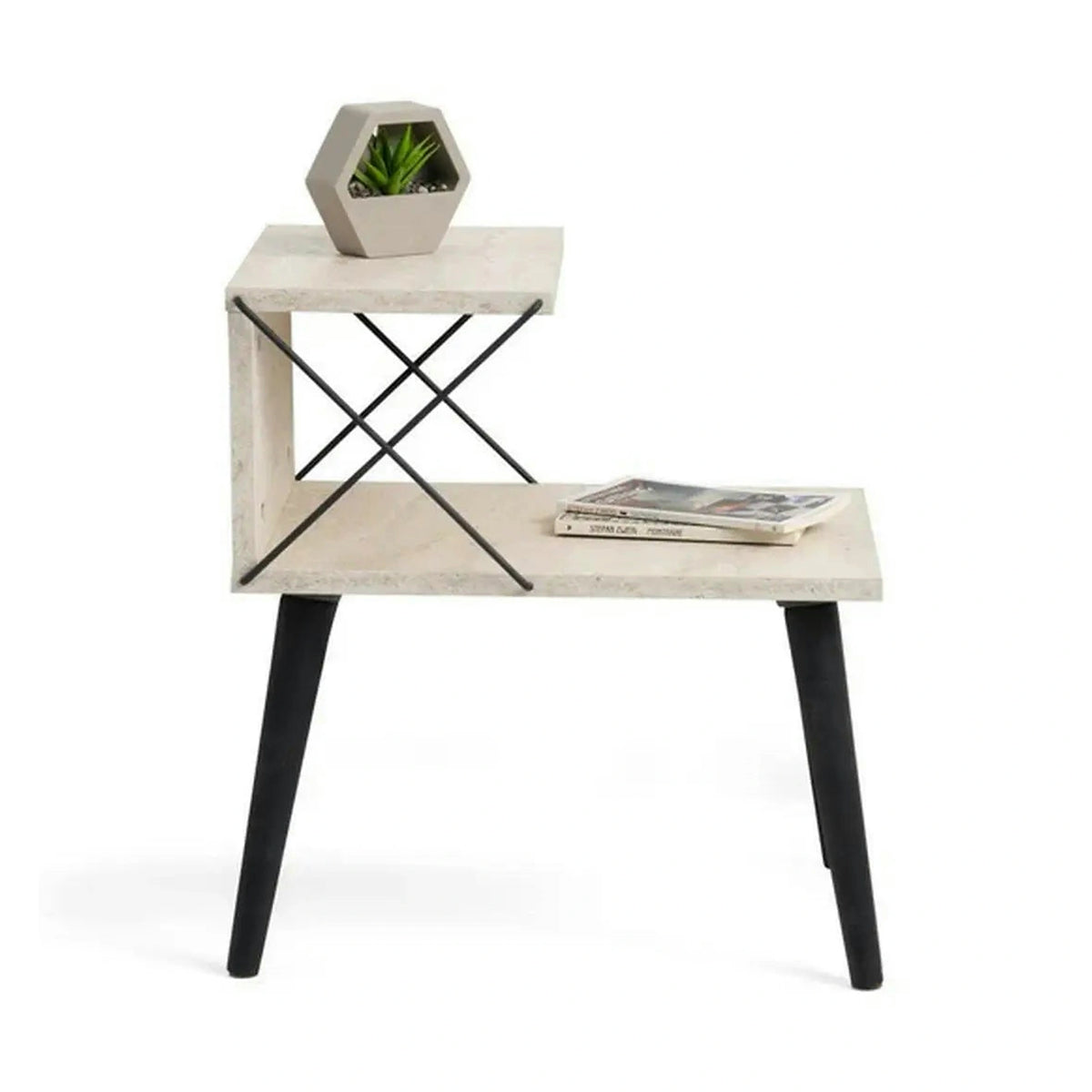 Noptiera CROSS, bej cu efect de marmura/negru, PAL melaminat/lemn de fag, 50x40x55 cm