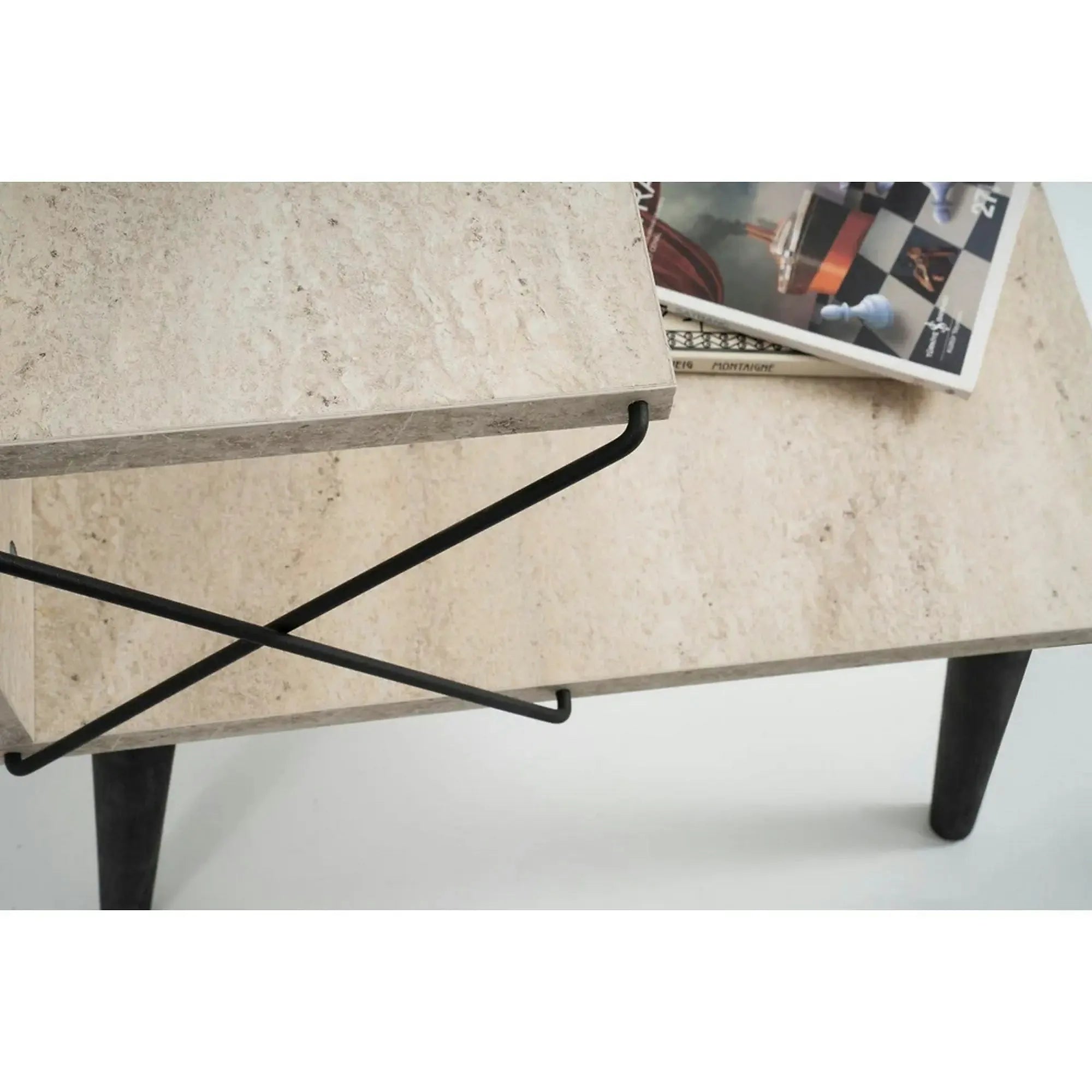 Noptiera CROSS, bej cu efect de marmura/negru, PAL melaminat/lemn de fag, 50x40x55 cm