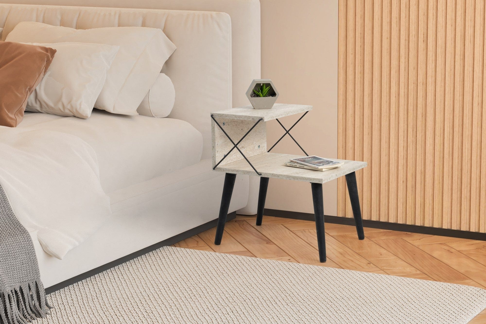 Noptiera CROSS, bej cu efect de marmura/negru, PAL melaminat/lemn de fag, 50x40x55 cm