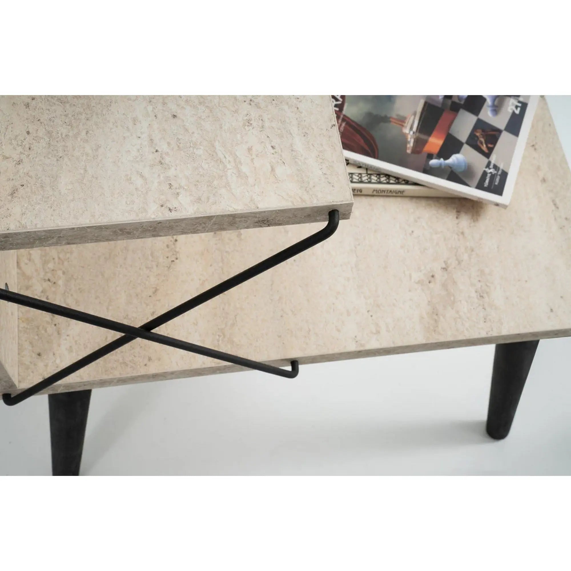 Noptiera CROSS, bej cu efect de marmura/negru, PAL melaminat/lemn de fag, 50x40x55 cm