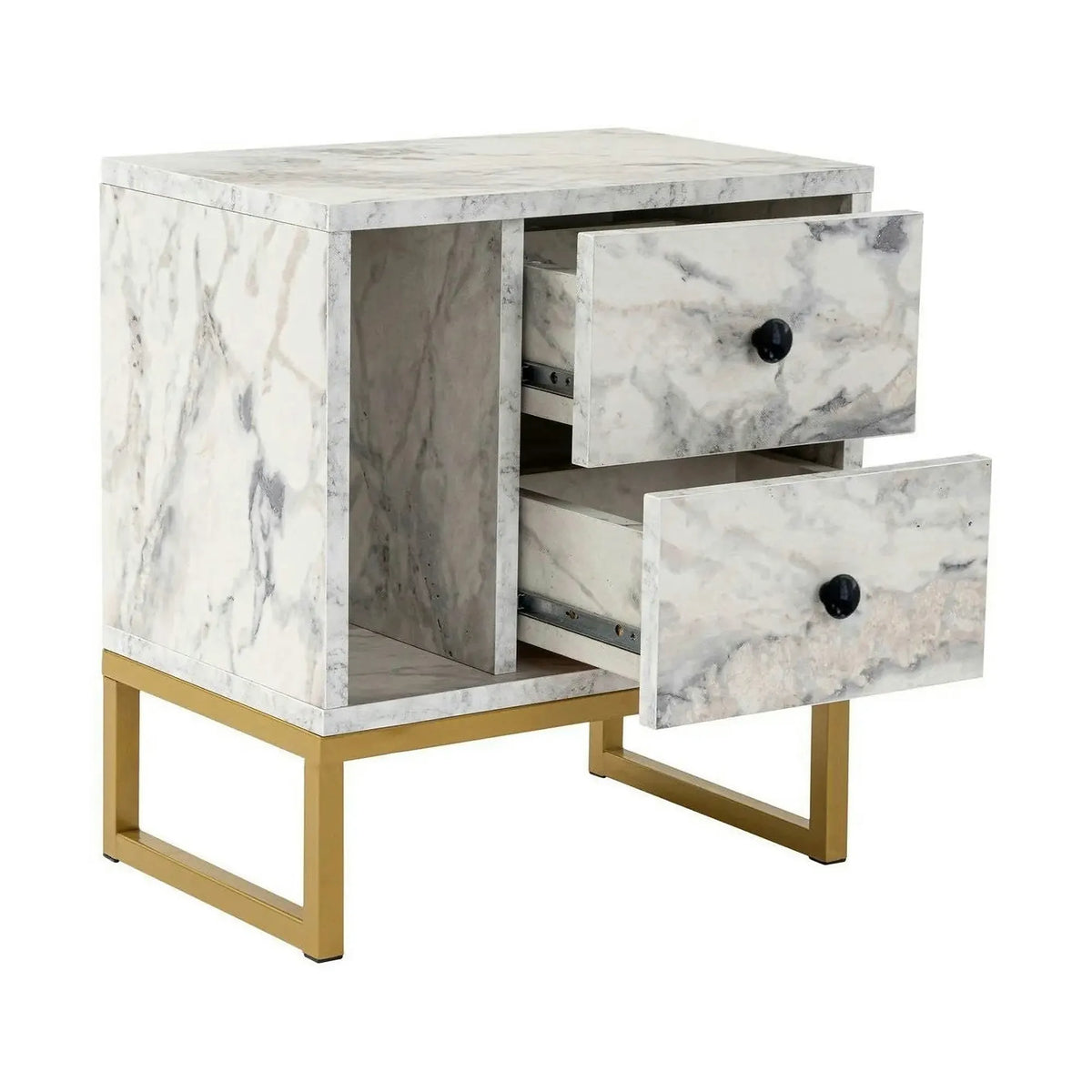 Noptiera GLIMMER, alb cu efect de marmura/auriu, PAL/metal, 46x30x50 cm